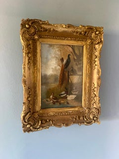 19Th Century Naive Folk Art Oil Painting Of Birds By The Water’s Edge