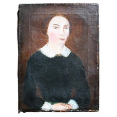 19th Century Naive Half Length Portrait Young Lady in Mourning Memento Mori