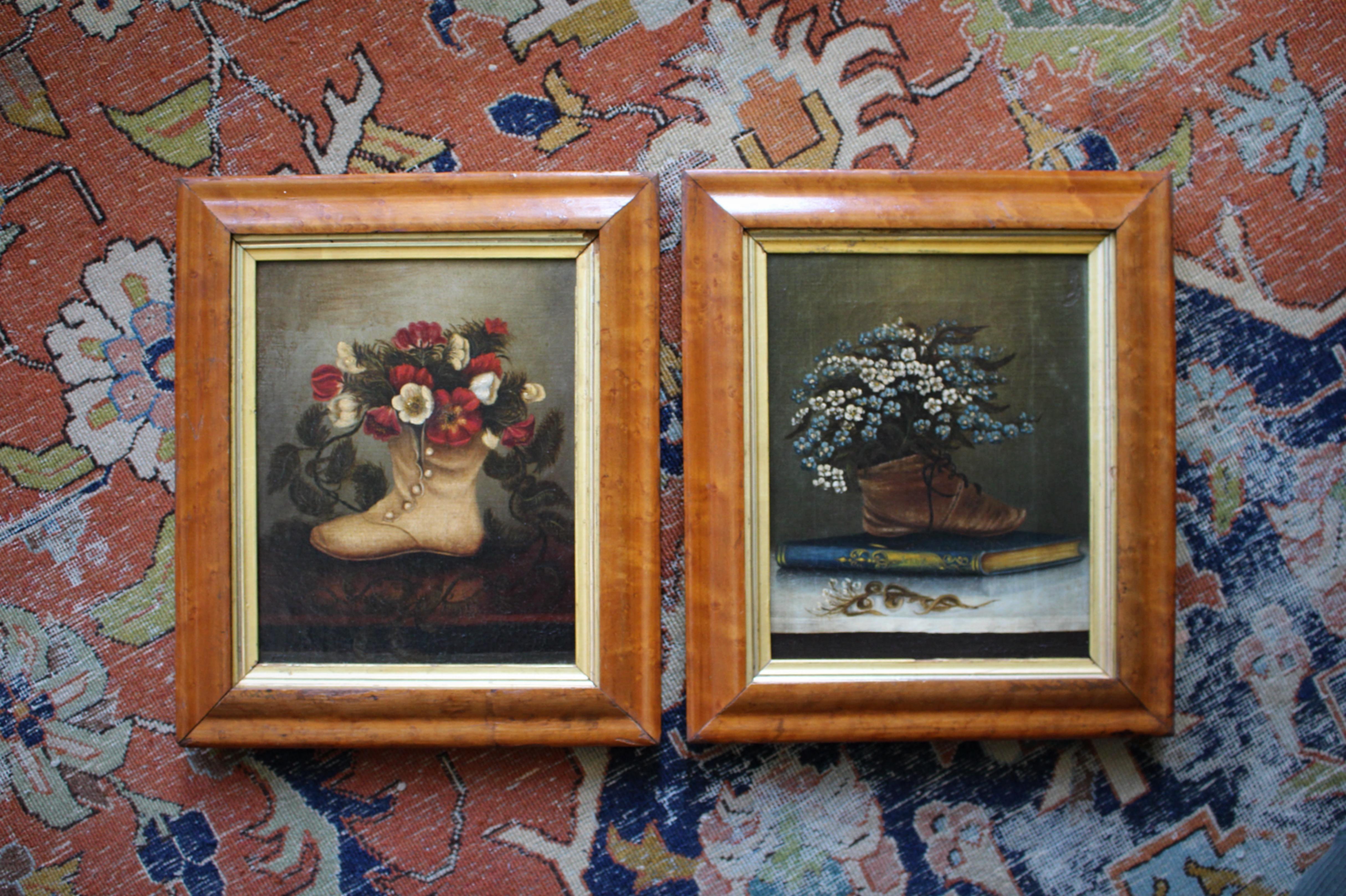 19th Century Naive Pair of Children's Shoes & Floral Still Life Paintings For Sale 4