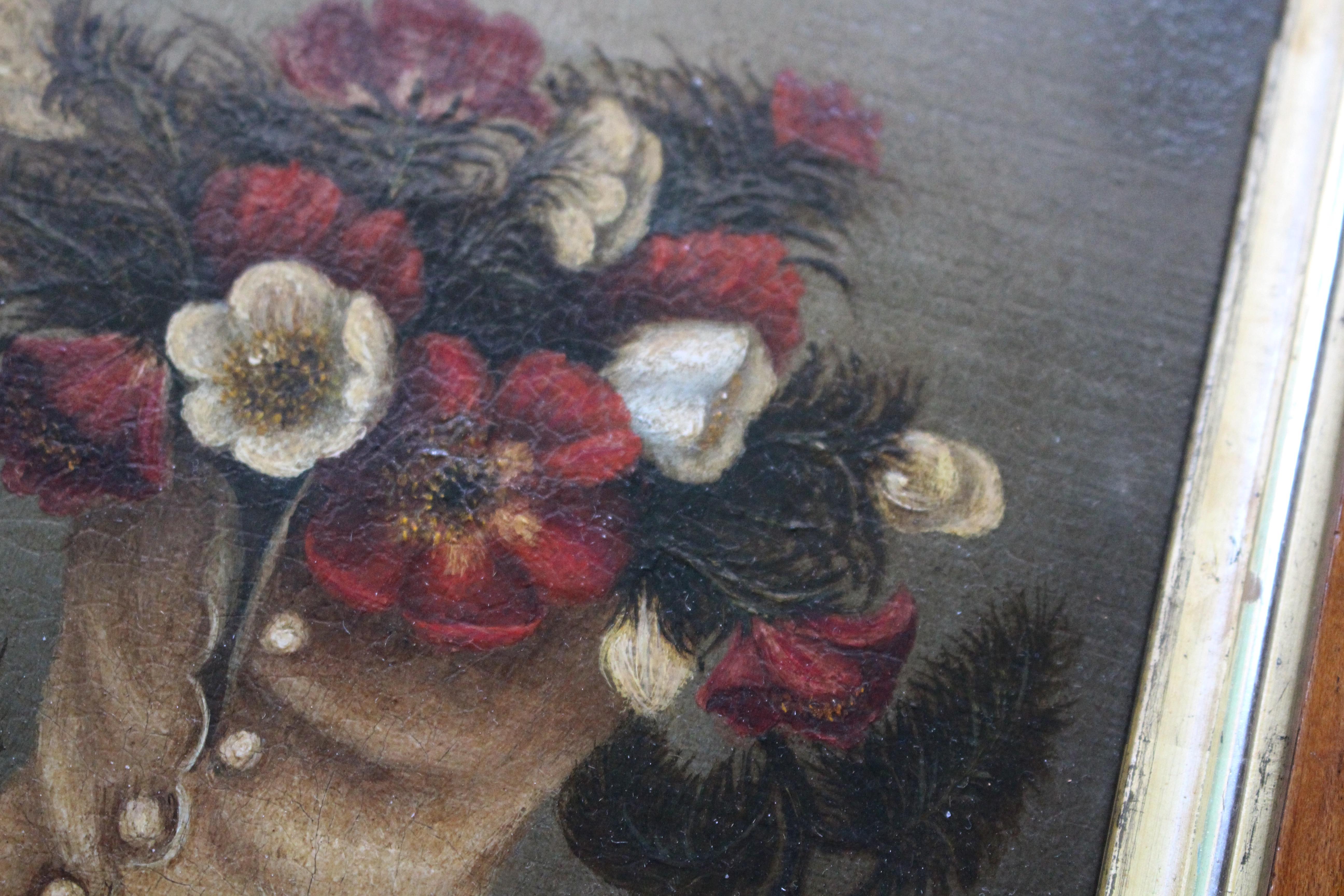 19th Century Naive Pair of Children's Shoes & Floral Still Life Paintings For Sale 7