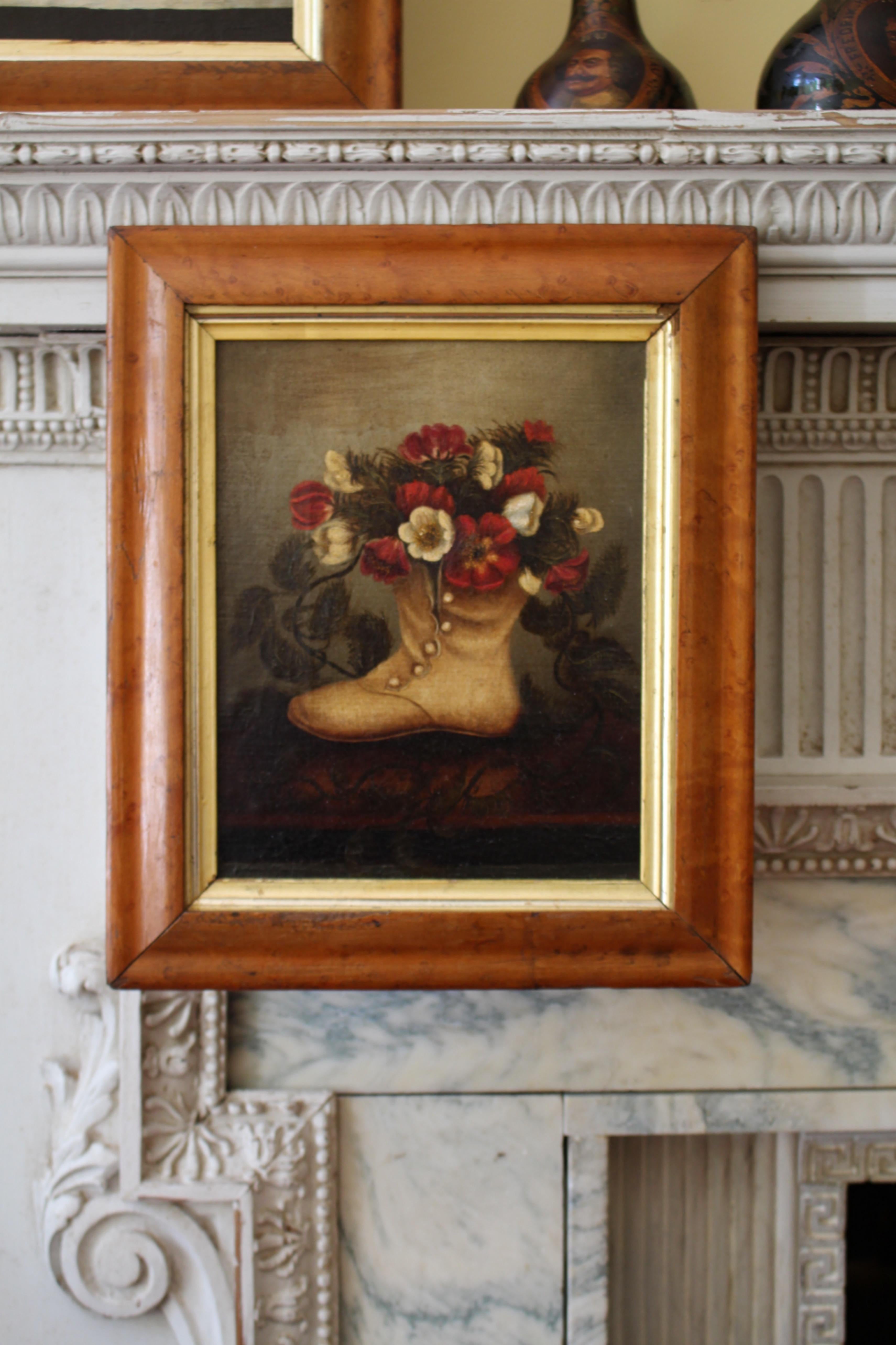 Victorian 19th Century Naive Pair of Children's Shoes & Floral Still Life Paintings For Sale