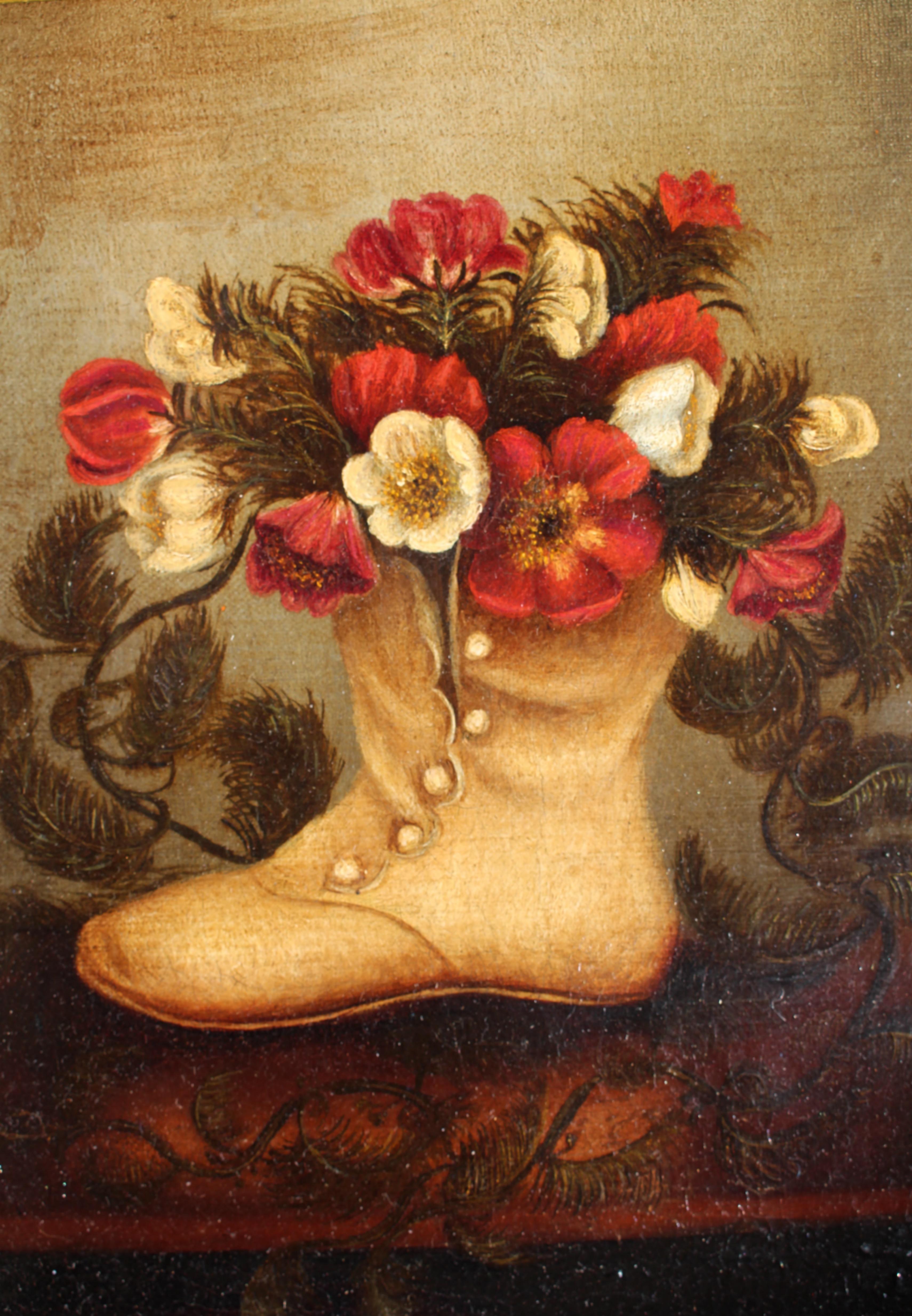 English 19th Century Naive Pair of Children's Shoes & Floral Still Life Paintings For Sale