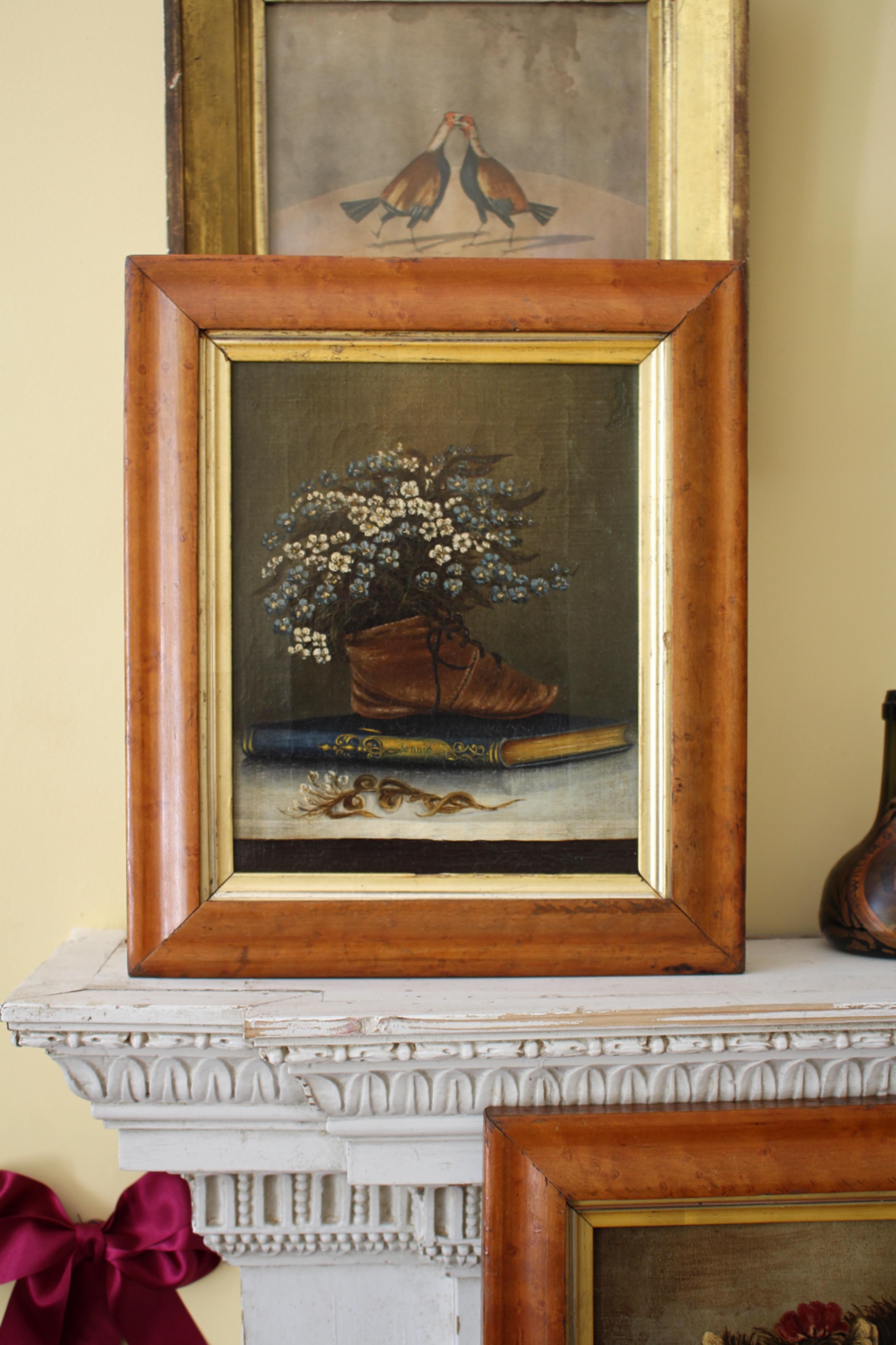 19th Century Naive Pair of Children's Shoes & Floral Still Life Paintings In Good Condition For Sale In Lowestoft, GB