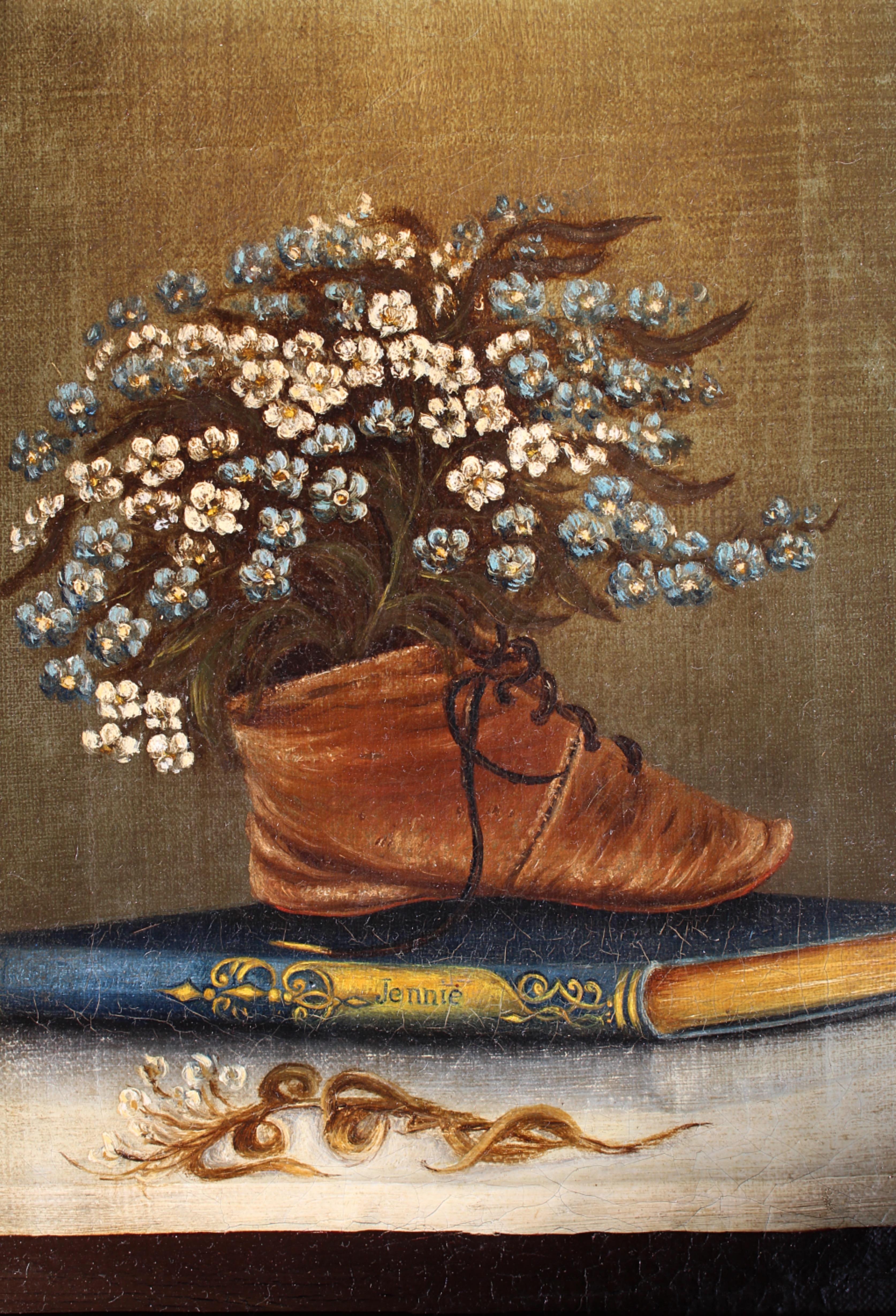 19th Century Naive Pair of Children's Shoes & Floral Still Life Paintings For Sale 3