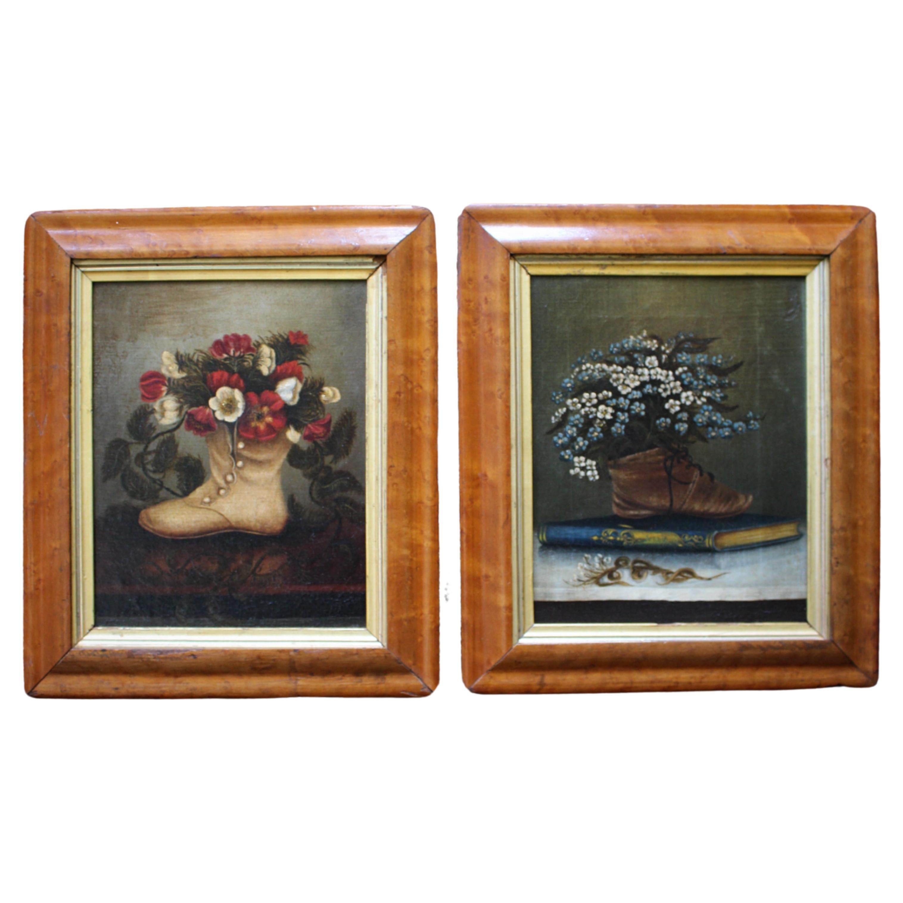 19th Century Naive Pair of Children's Shoes & Floral Still Life Paintings For Sale