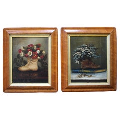 19th Century Naive Pair of Children's Shoes & Floral Still Life Paintings