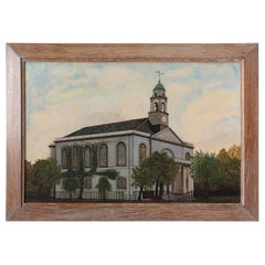 19th Century Naive Watercolor Painting, Architectural, Colonial Church