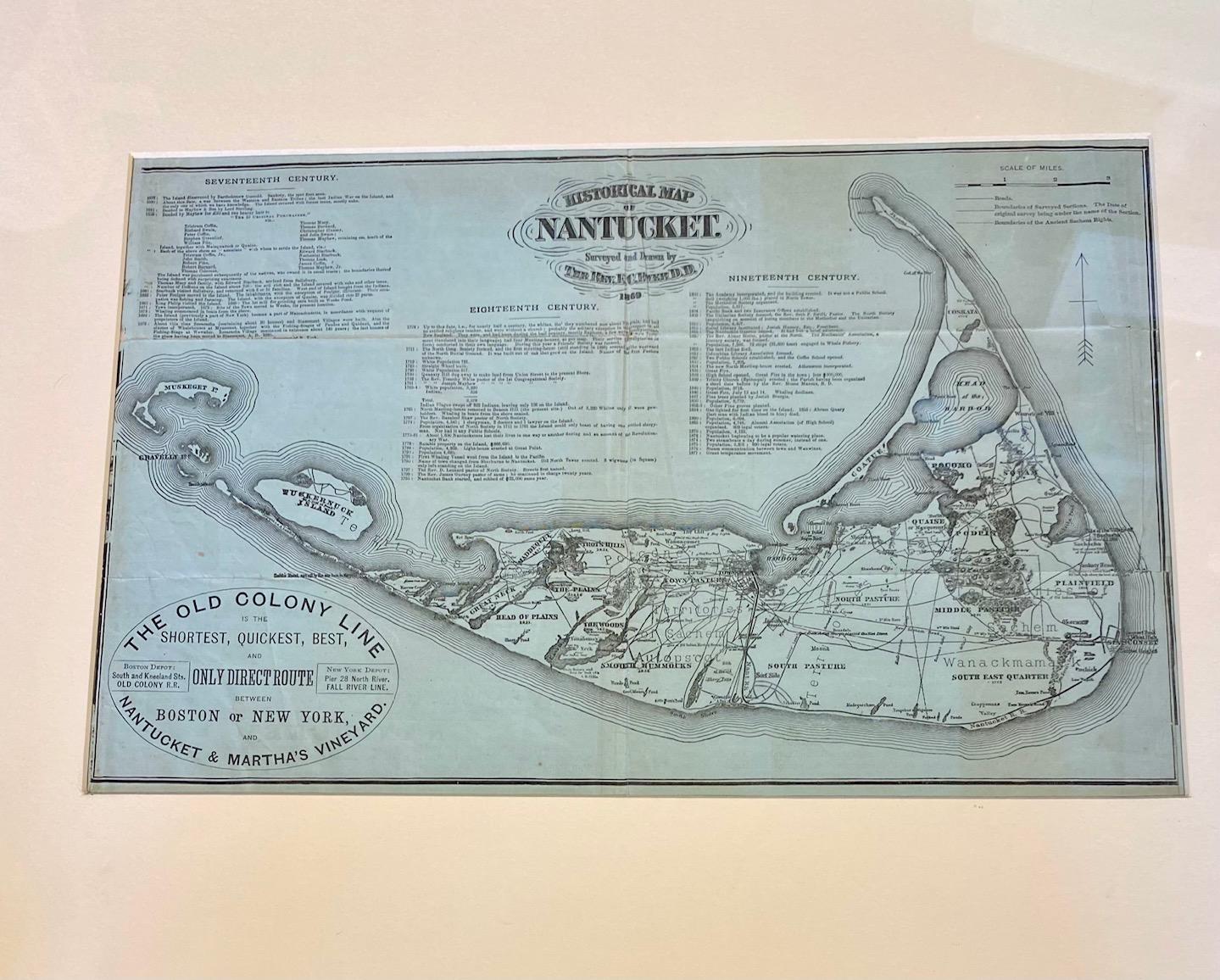 19th century Nantucket map by Rev, Ewer, circa 1886, a small version of Ewer's celebrated 1869 original wall chart, done here for The Old Colony Line Railroads and Steamers connecting Boston and New York directly with Nantucket in the late 1800s.