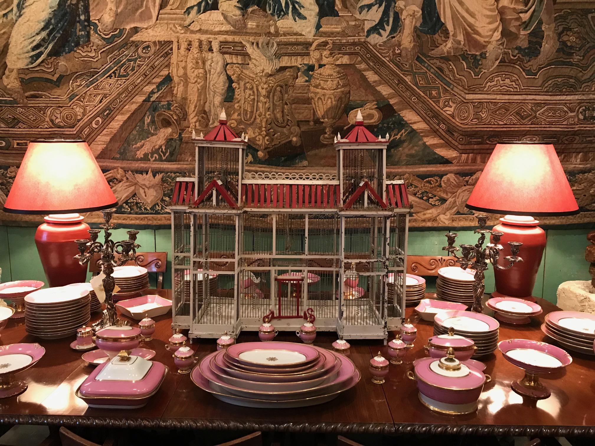 19th century Nap III Dove cage chinoiserie. Birdcage. Hand carved wood pieced together with attention to details and elevations. An inclined red painted Roof top with Two Towers and beautiful facades on 4 sides. Even the metal work has a lot of