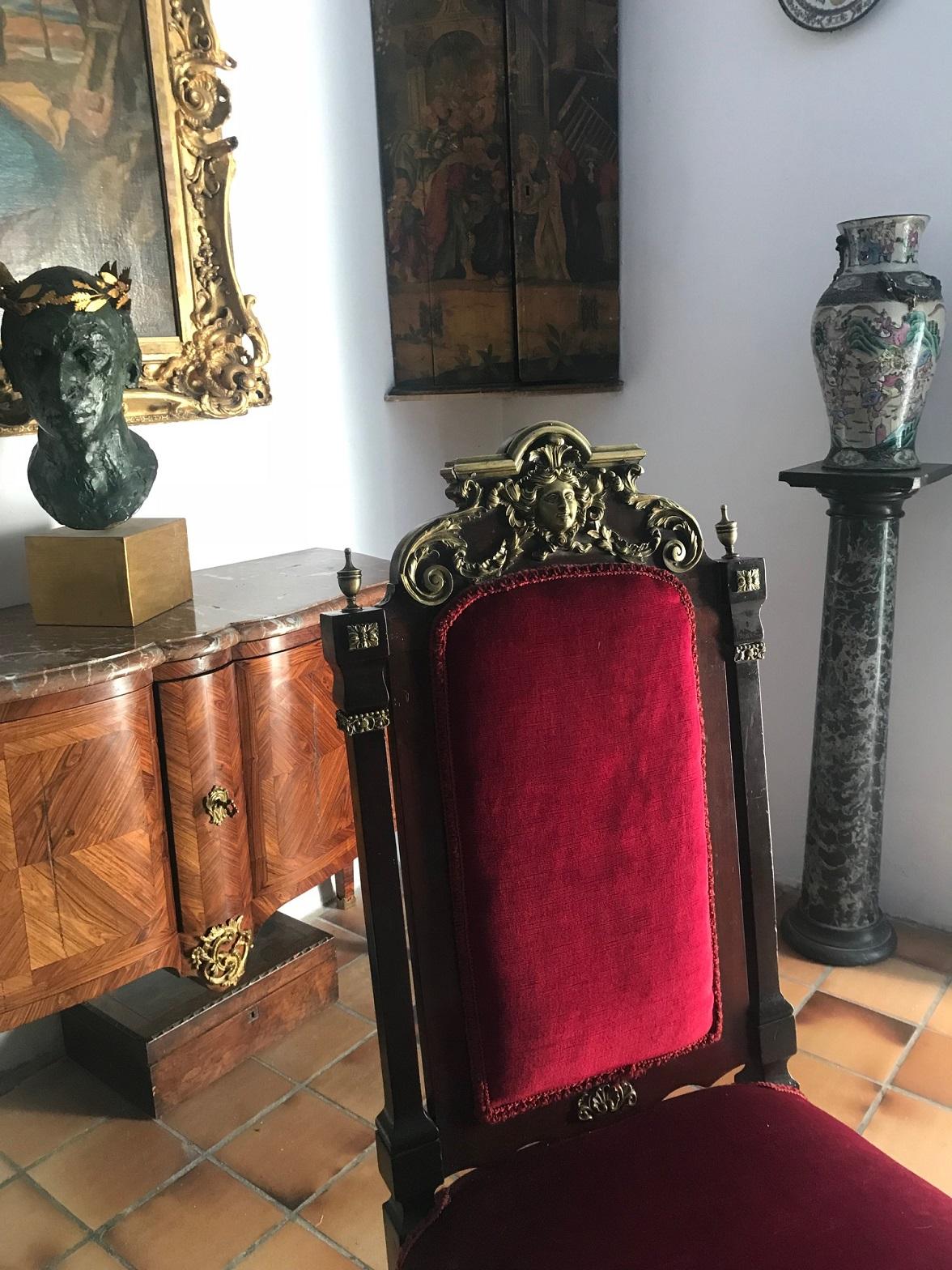 A spectacular 19th century mahogany and ormolu-mounted Napolean III chair. The chair is decorated with a main classical figure adorned with acanthus leaves and various other ormolu mounts. Some of these mounts are missing but this should be evident