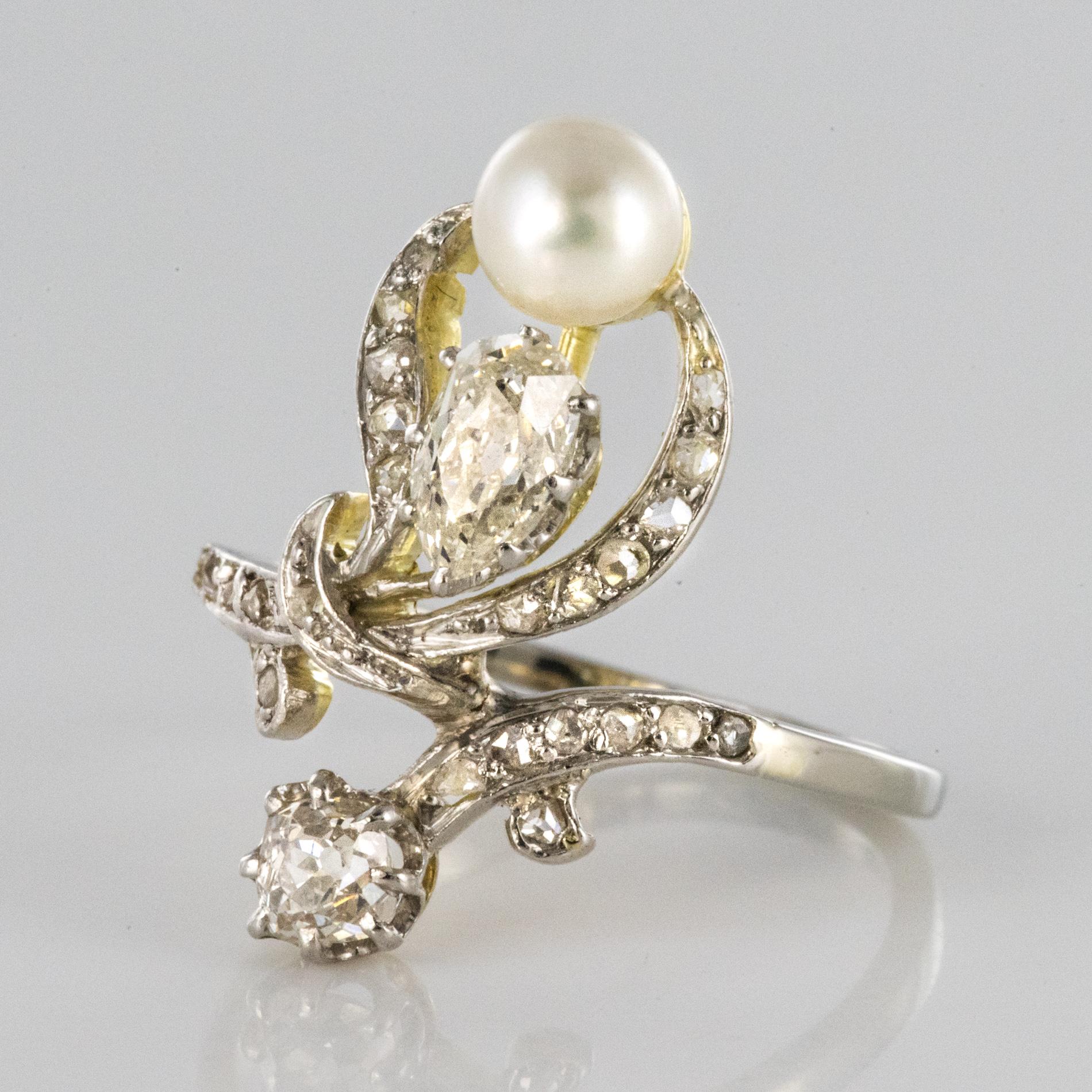 Pear Cut 19th Century Napoleon 3 Diamond Natural Pearl Ring