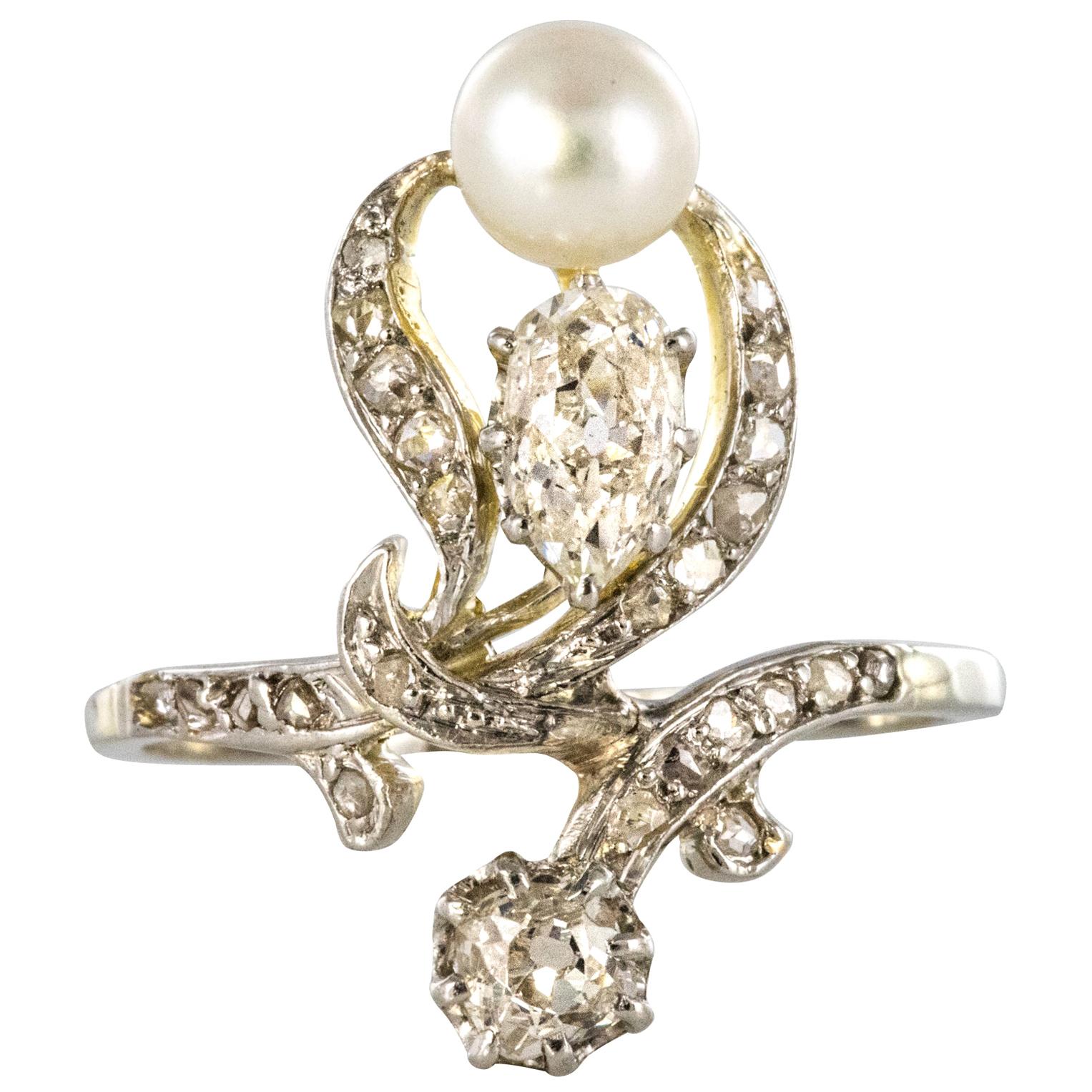 19th Century Napoleon 3 Diamond Natural Pearl Ring