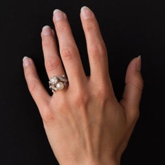 19th Century Napoleon 3 Diamond Natural Pearl You and Me Engagement Ring