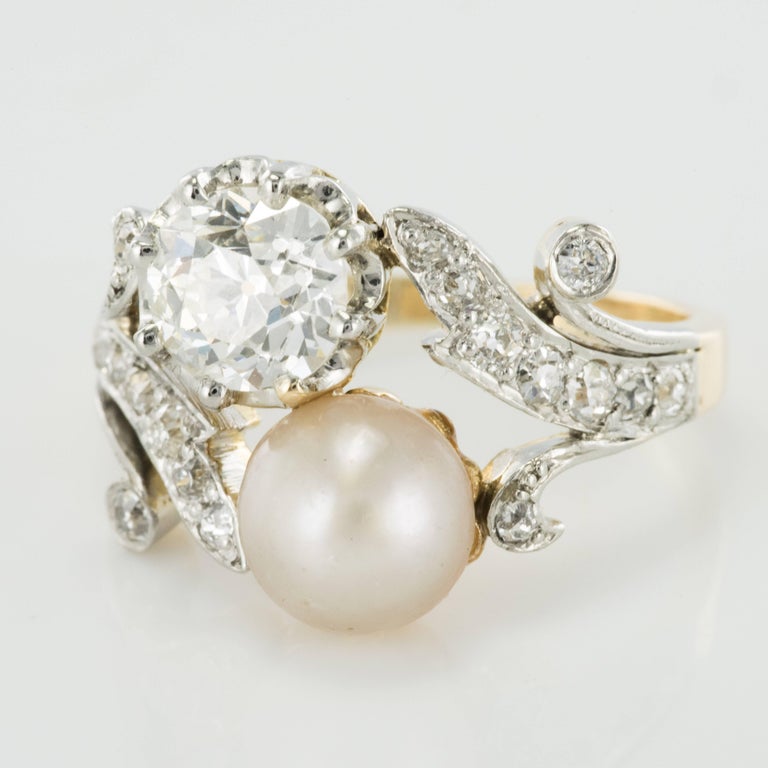19th Century Napoleon 3 Diamond Natural Pearl You and Me Engagement Ring For Sale at 1stdibs