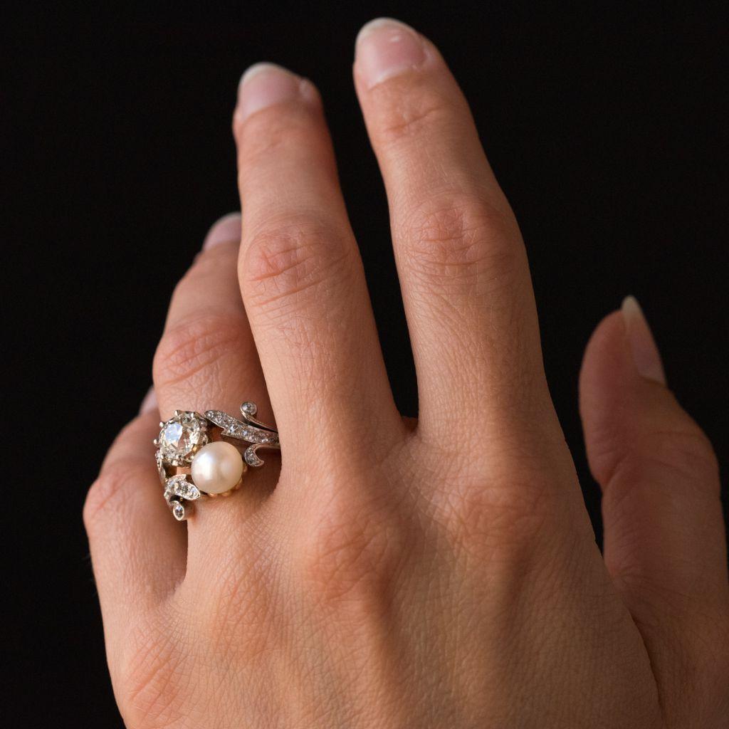 19th Century Napoleon 3 Diamond Natural Pearl You and Me Engagement Ring at 1stDibs