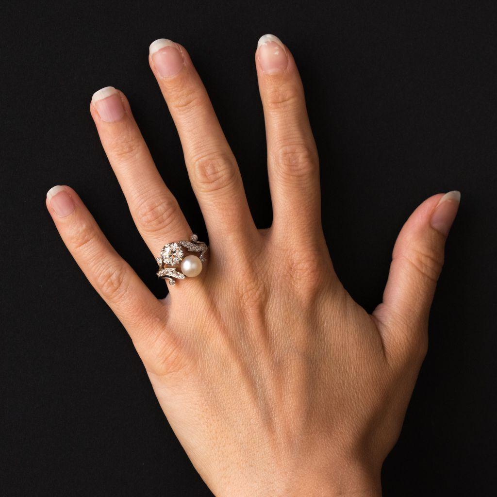 19th Century Napoleon 3 Diamond Natural Pearl You and Me Engagement Ring at 1stDibs