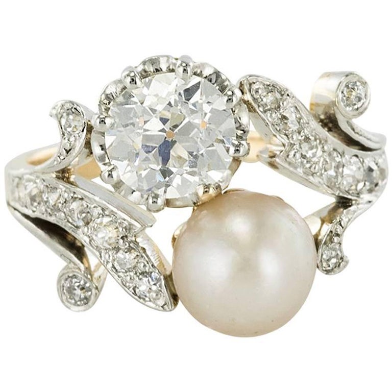 19th Century Napoleon 3 Diamond Natural Pearl You and Me Engagement Ring For Sale at 1stdibs