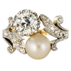 19th Century Napoleon 3 Diamond Natural Pearl You and Me Engagement Ring