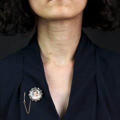 19th Century Napoleon 3 Porcelain Miniature Natural Pearl Diamond Brooch