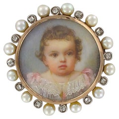 19th Century Napoleon 3 Porcelain Miniature Natural Pearl Diamond Brooch