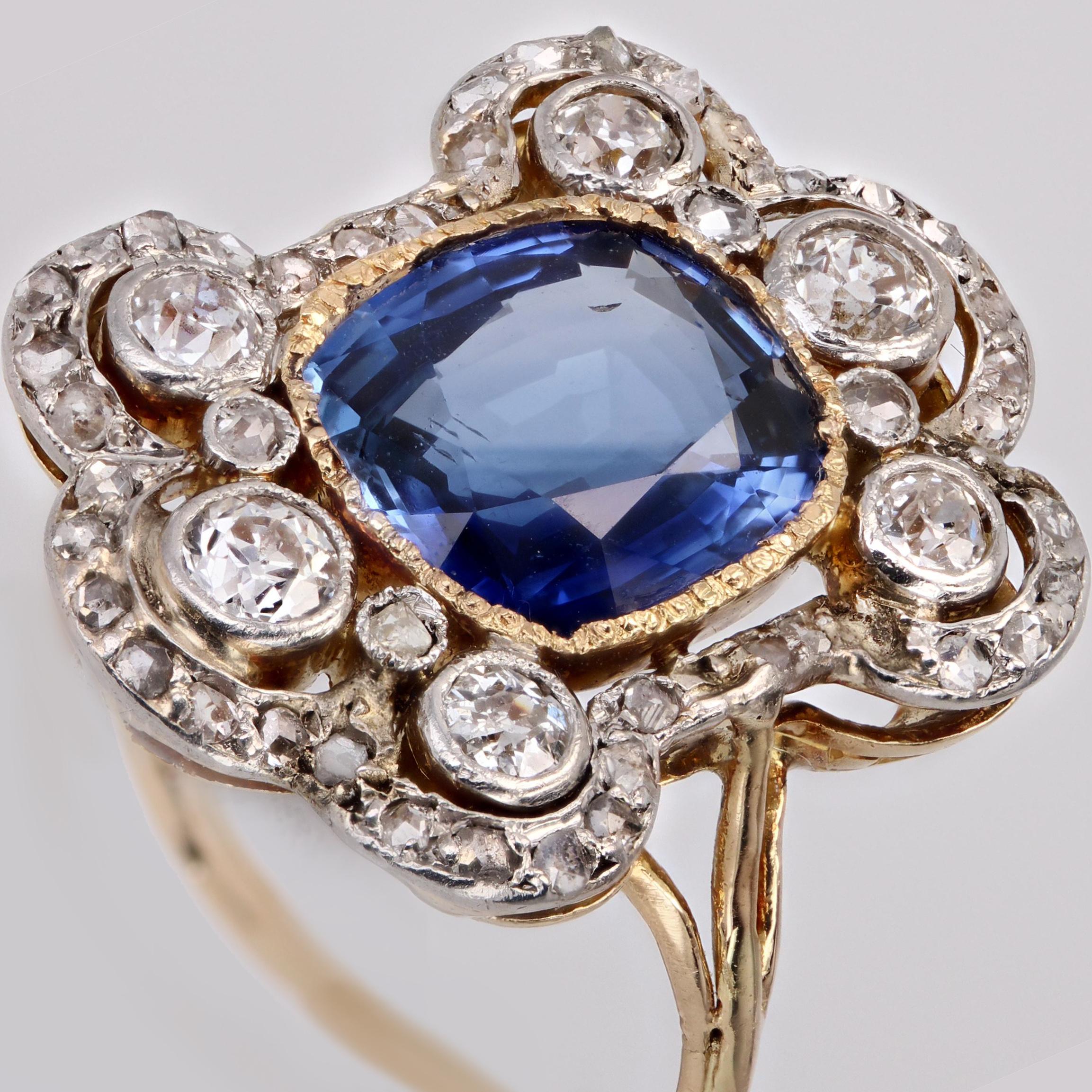 19th Century Napoleon 3 Sapphire Diamonds 18 Karat Yellow Gold Ring In Fair Condition For Sale In Poitiers, FR