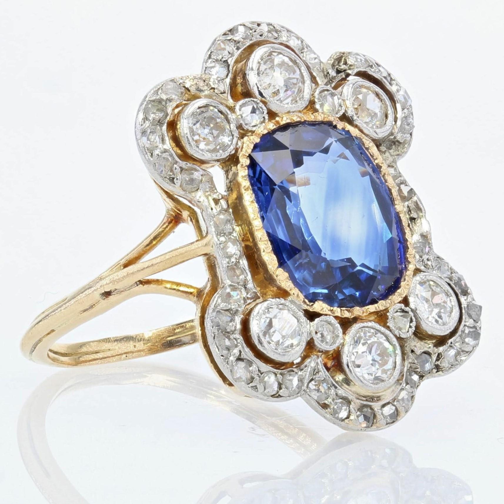 Women's 19th Century Napoleon 3 Sapphire Diamonds 18 Karat Yellow Gold Ring For Sale