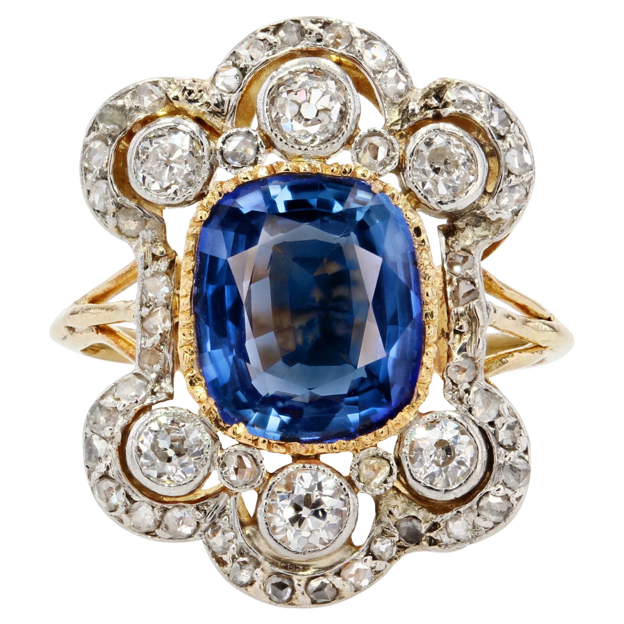 19th Century Napoleon 3 Sapphire Diamonds 18 Karat Yellow Gold Ring For Sale