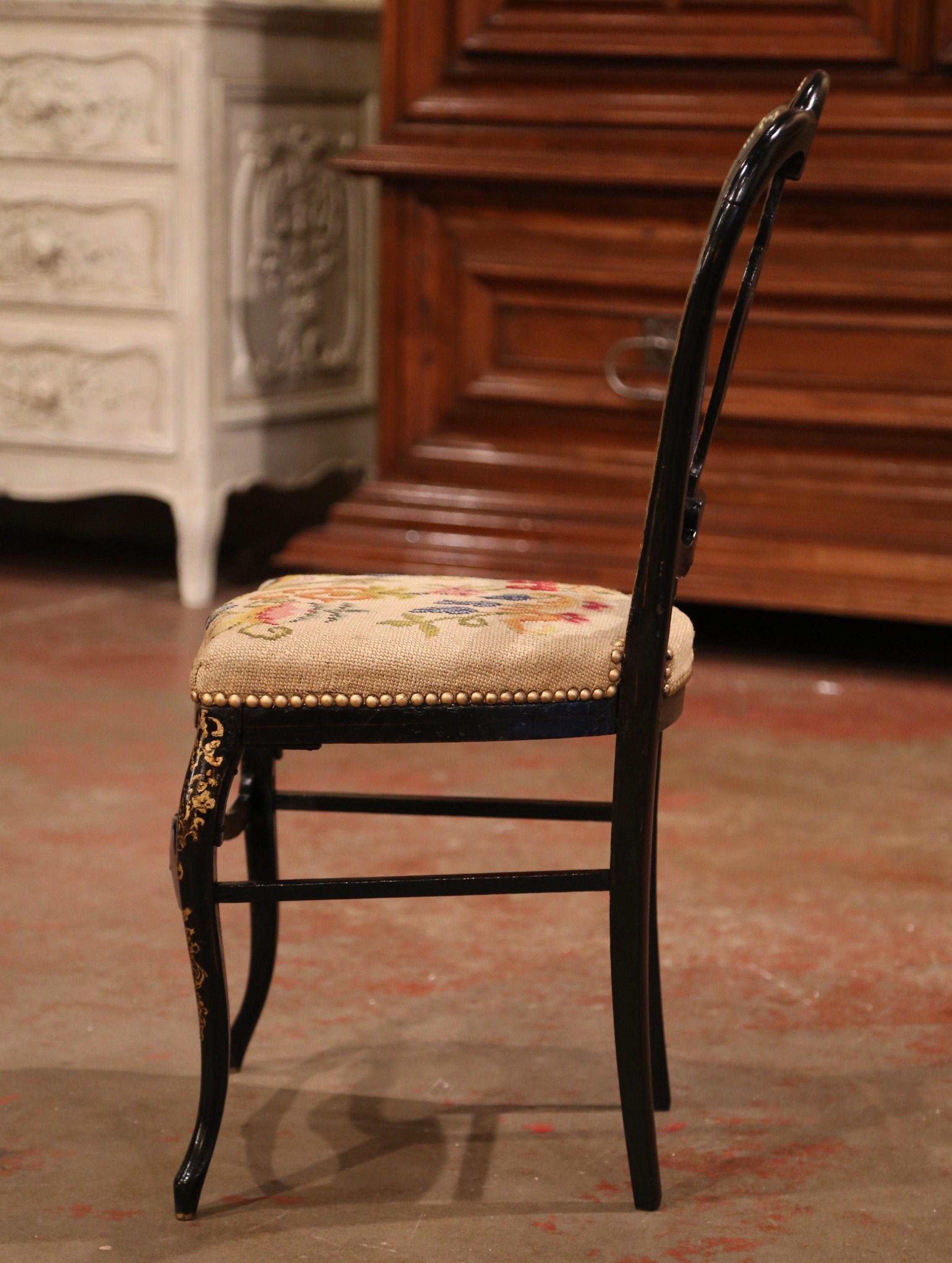Tapestry 19th Century Napoleon III Black Lacquered and Gilt Decorative Chair