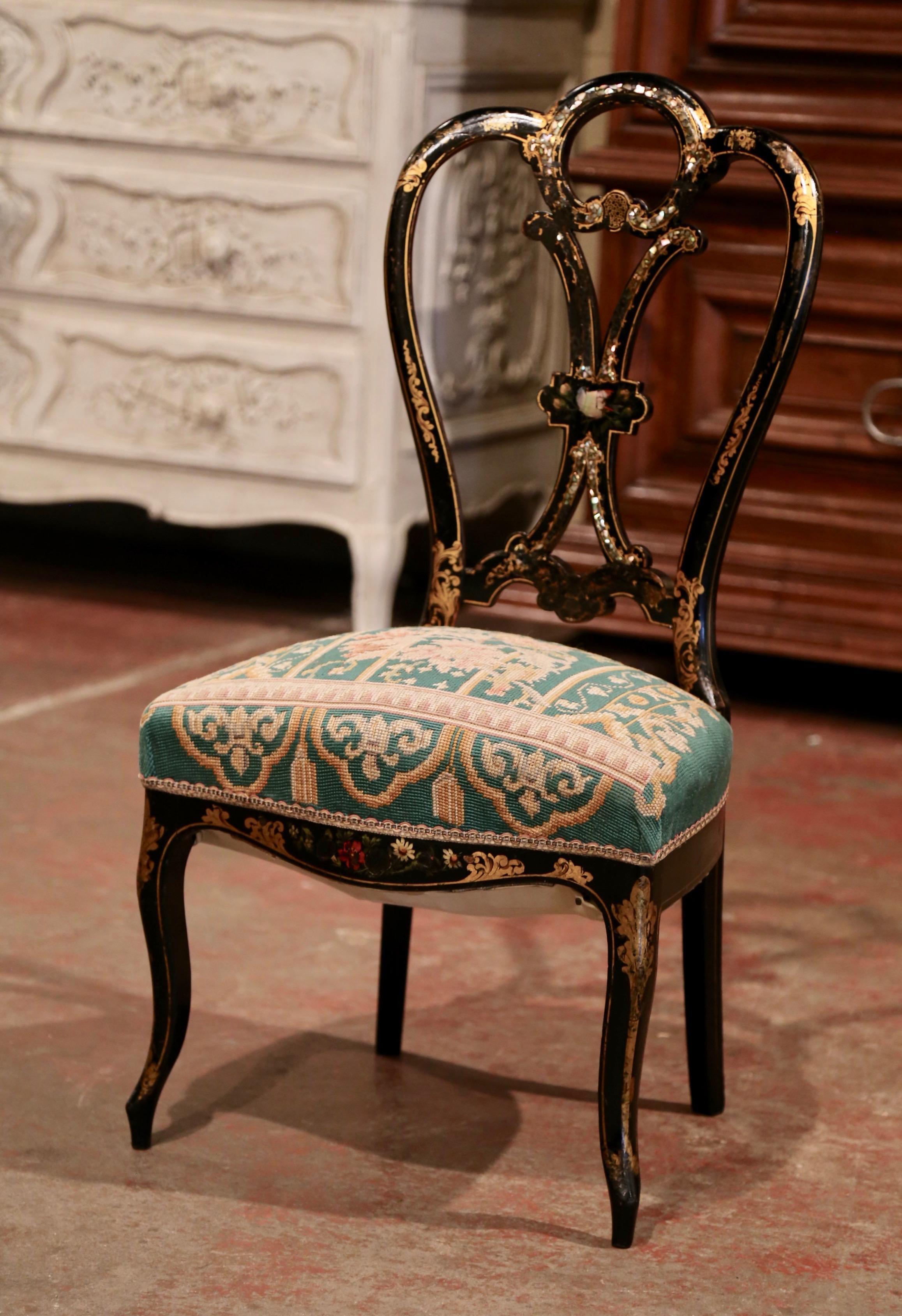 French 19th Century Napoleon III Black Lacquered and Mother of Peal Ladies Chair