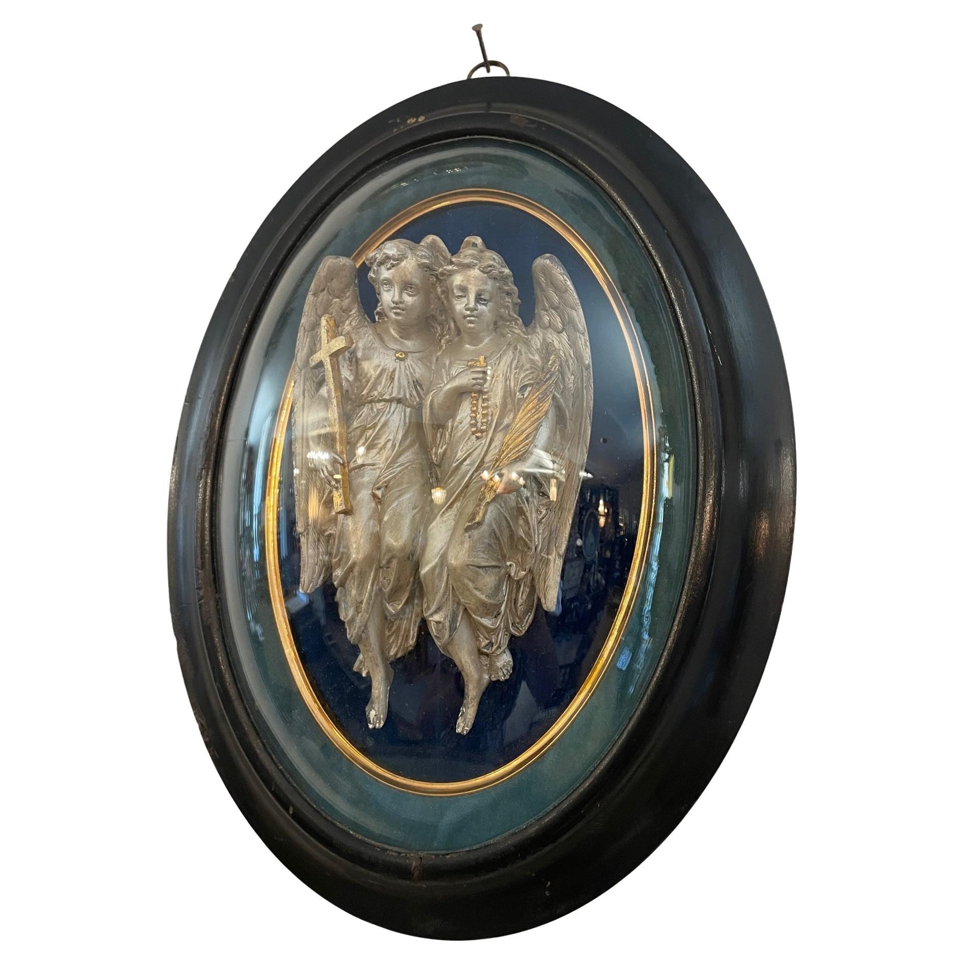 19th century Napoleon III Blackened Wood and Curved Glass Angels For Sale