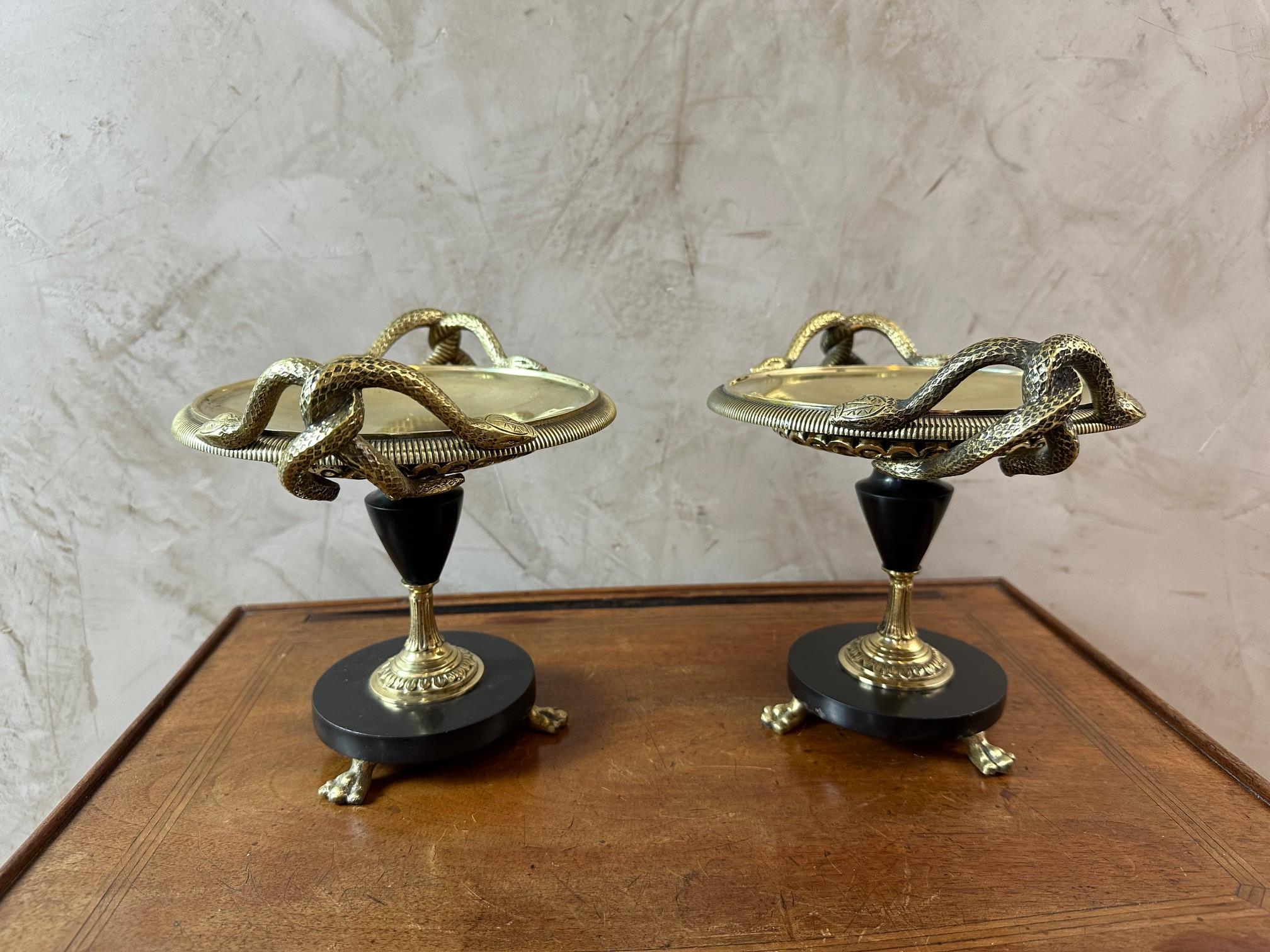 Paire de tazzas de pharmacie en bronze et marbre Napoléon III du XIXe siècle Bon état - En vente à LEGNY, FR