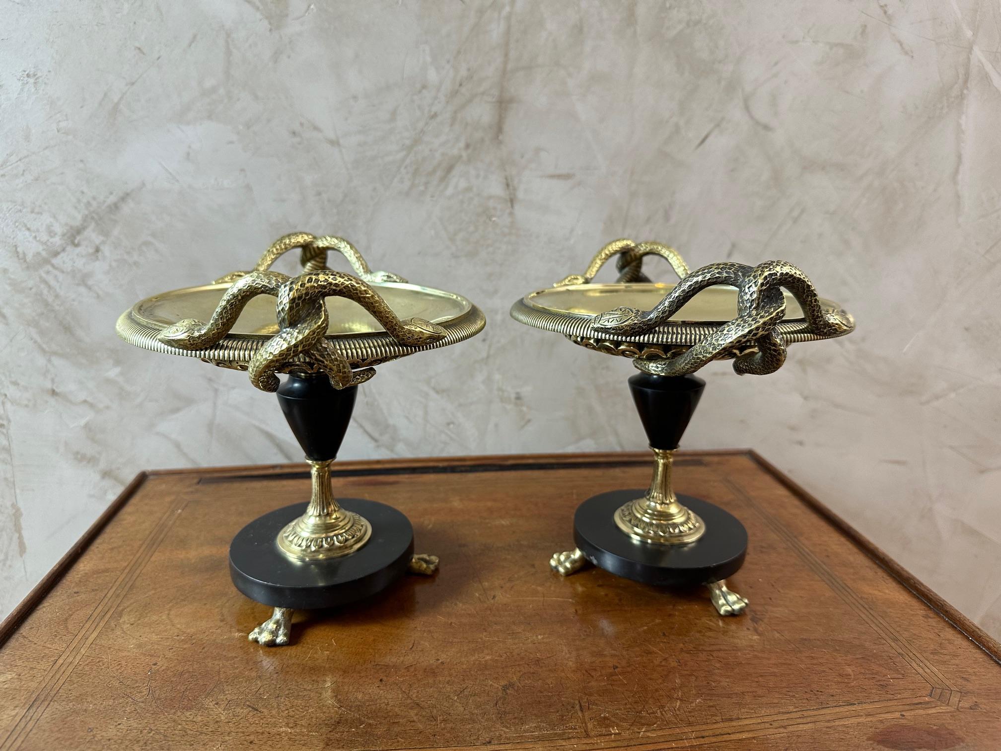Bronze Paire de tazzas de pharmacie en bronze et marbre Napoléon III du XIXe siècle en vente