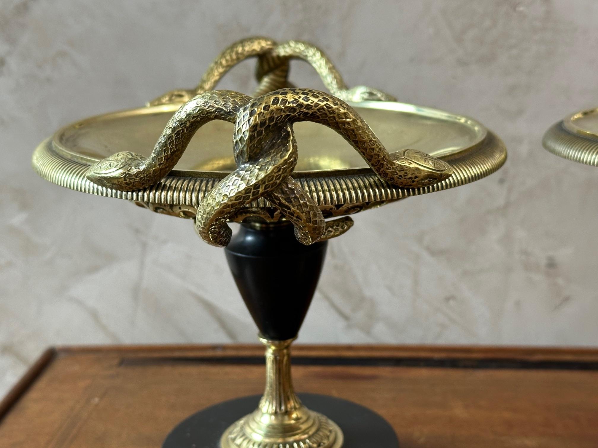 Paire de tazzas de pharmacie en bronze et marbre Napoléon III du XIXe siècle en vente 1