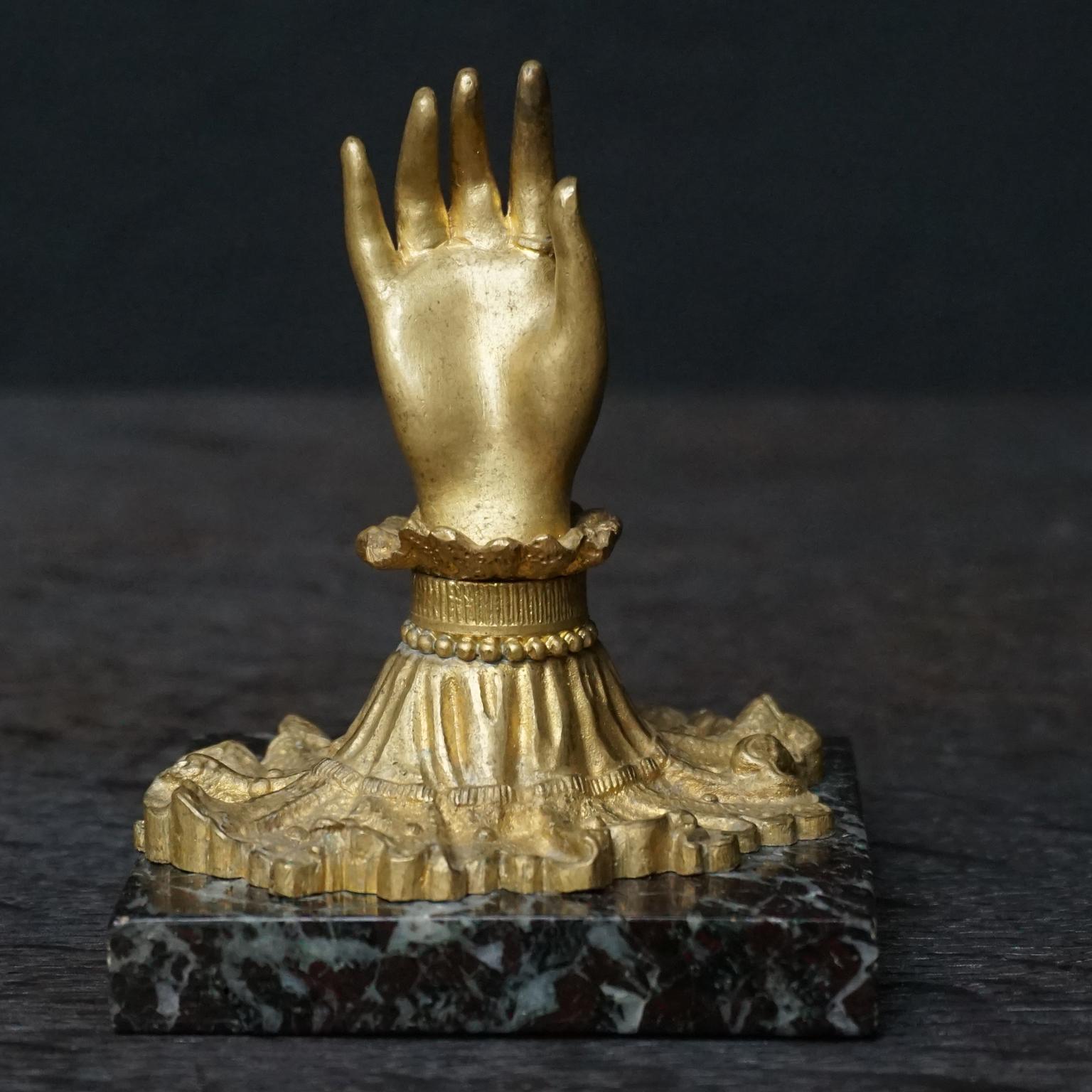 French 19th Century Napoleon III Bronze Ormolu Cuffed Hand on Marble Paperweight