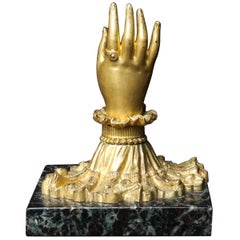 Antique 19th Century Napoleon III Bronze Ormolu Cuffed Hand on Marble Paperweight
