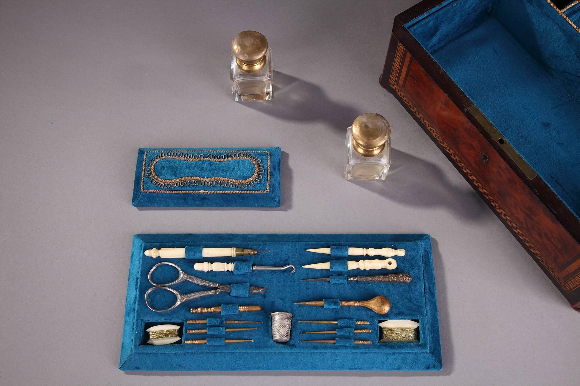 Brass 19th Century Napoleon III Burl Wood Sewing Box For Sale
