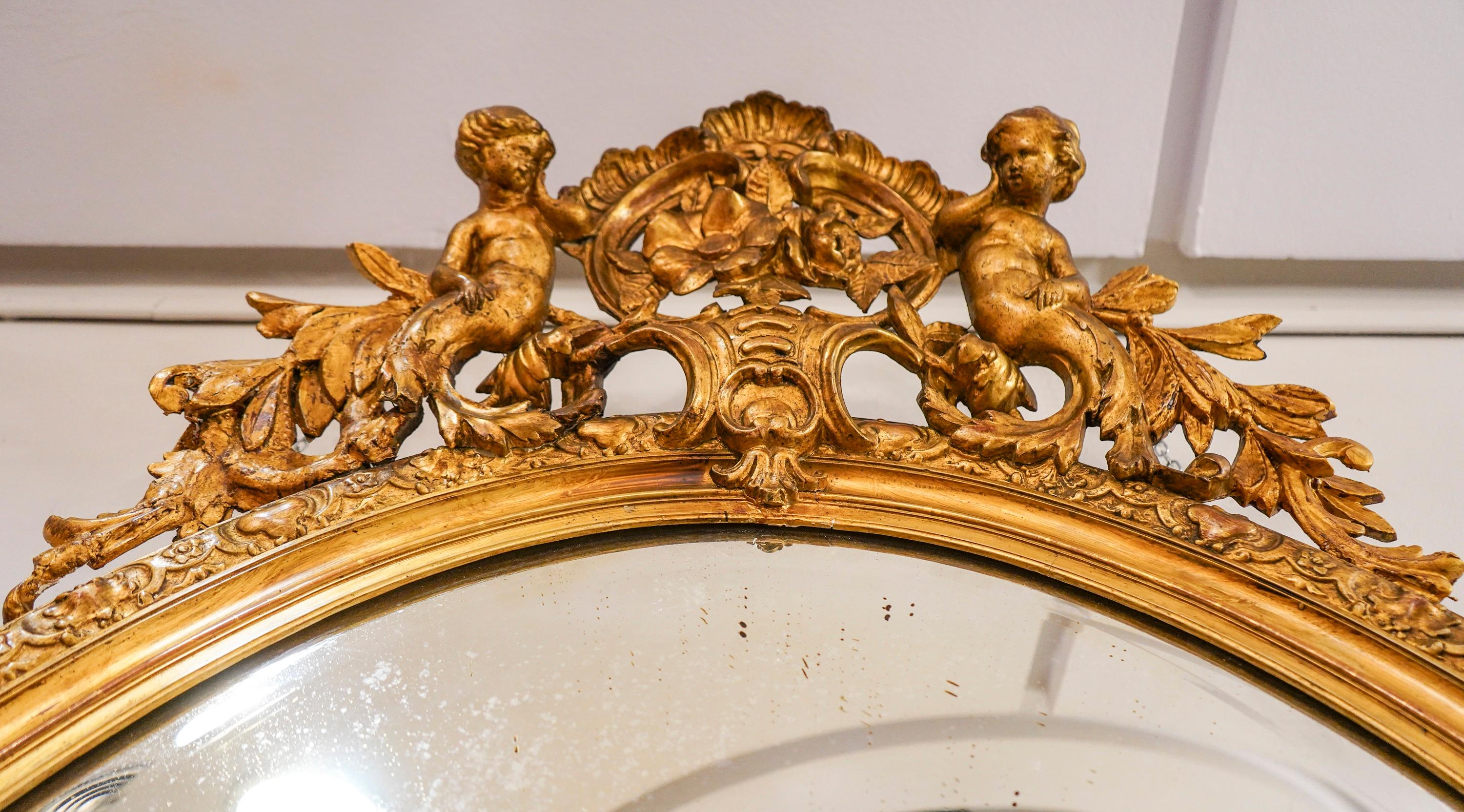 Wood 19th Napoleon III Mirror , Carved Gild French Oval Wall Mirror