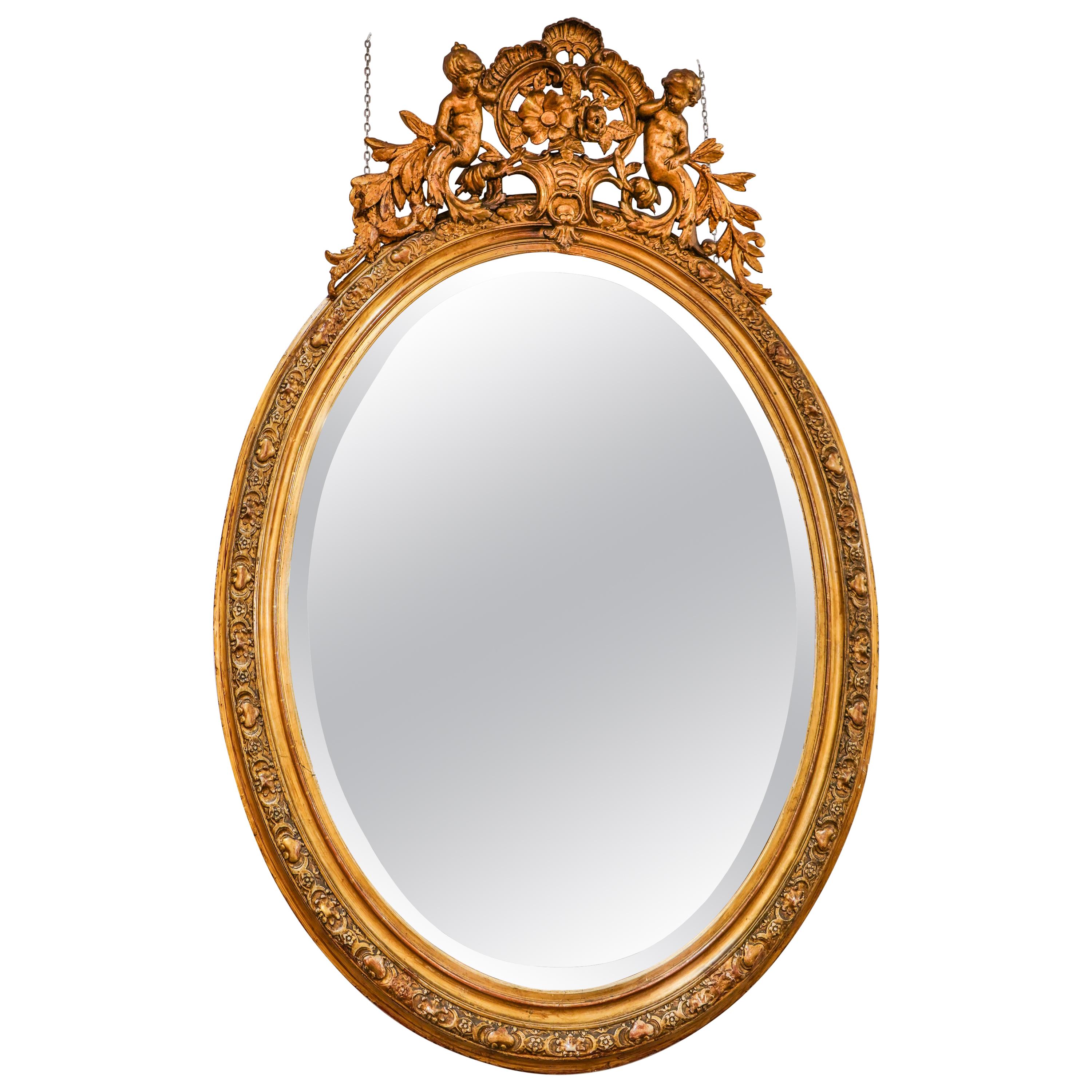 19th Napoleon III Mirror , Carved Gild French Oval Wall Mirror