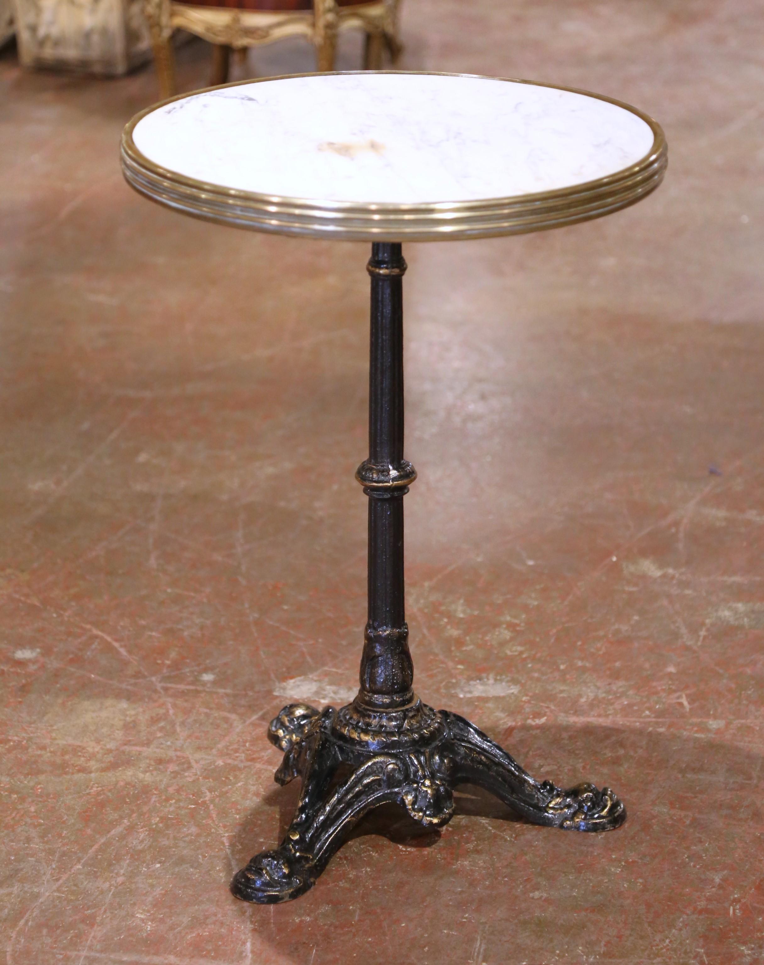 Hand-Crafted 19th Century Napoleon III Cast Iron Bistro Table with Marble Top and Brass Rim For Sale