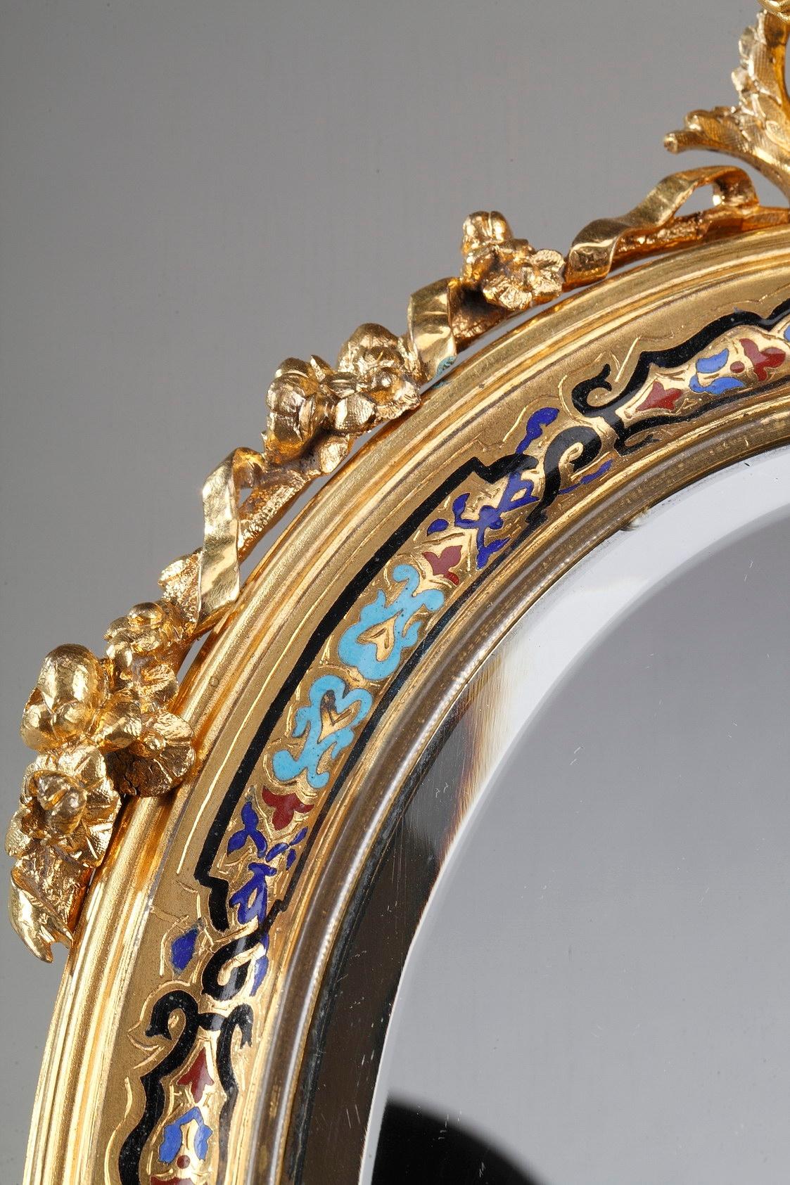 19th Century Napoleon III Champlevé Enameled Gilt Bronze Standing Mirror For Sale 6
