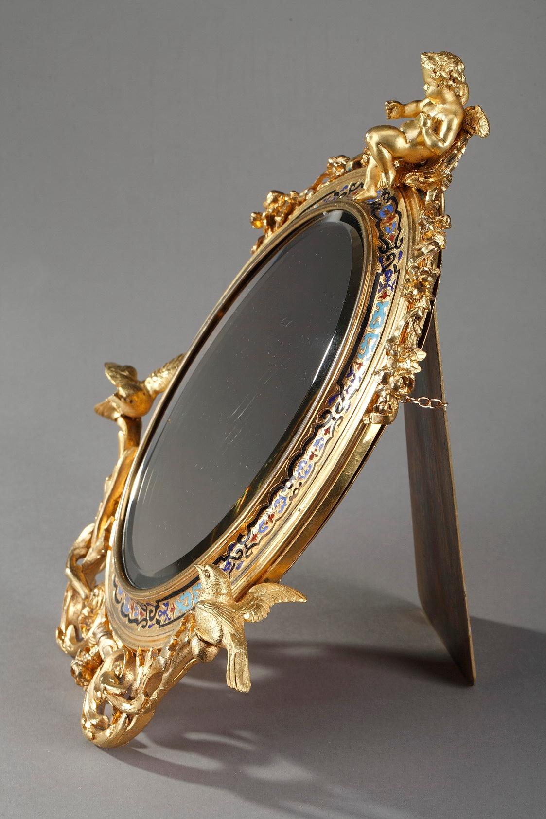 19th Century Napoleon III Champlevé Enameled Gilt Bronze Standing Mirror For Sale 9