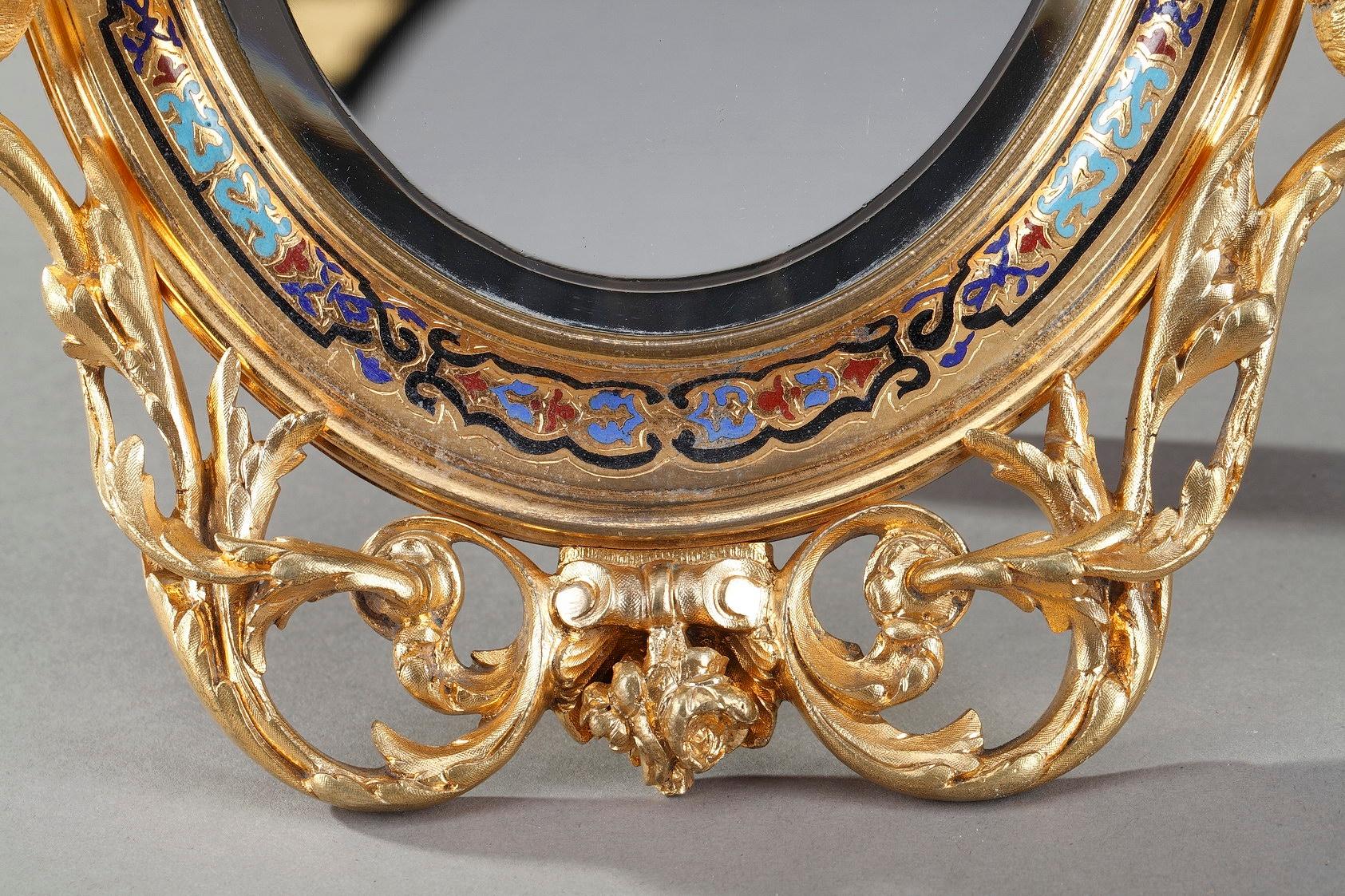 19th Century Napoleon III Champlevé Enameled Gilt Bronze Standing Mirror For Sale 1