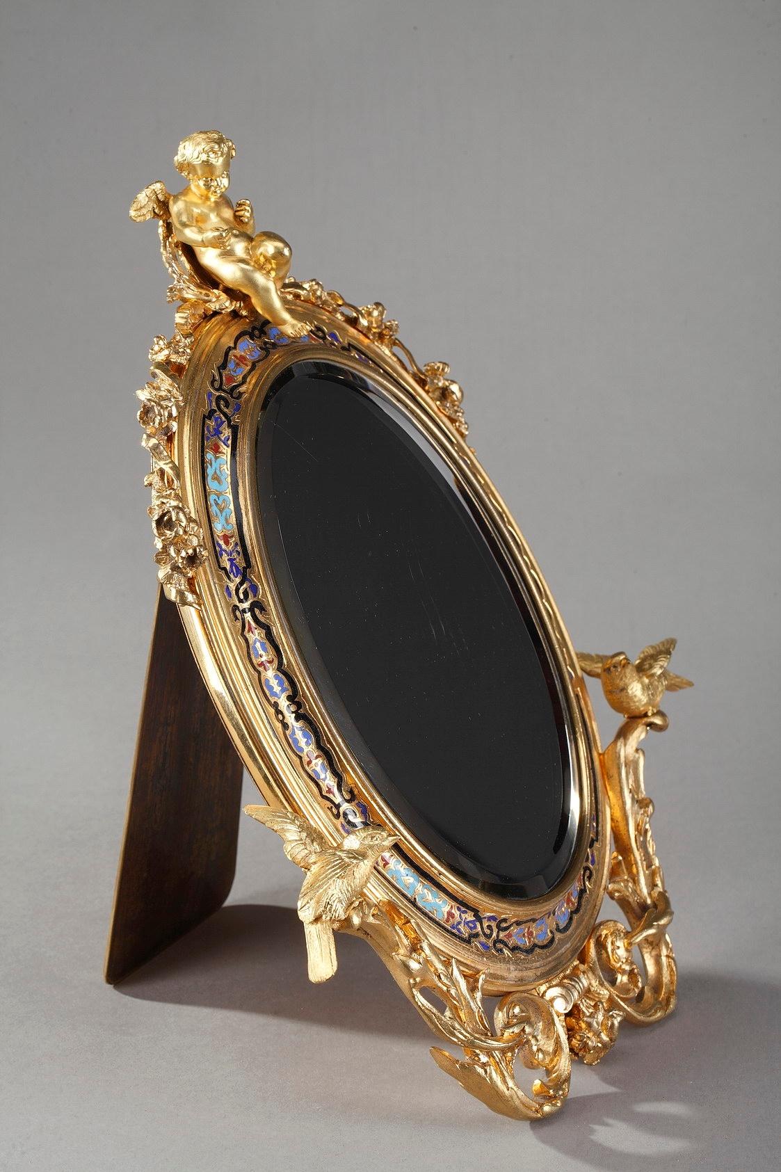19th Century Napoleon III Champlevé Enameled Gilt Bronze Standing Mirror For Sale 5