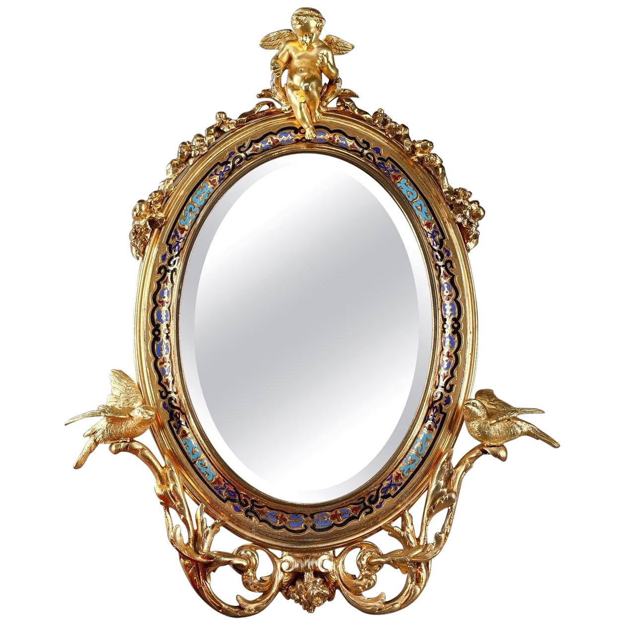 19th Century Napoleon III Champlevé Enameled Gilt Bronze Standing Mirror For Sale