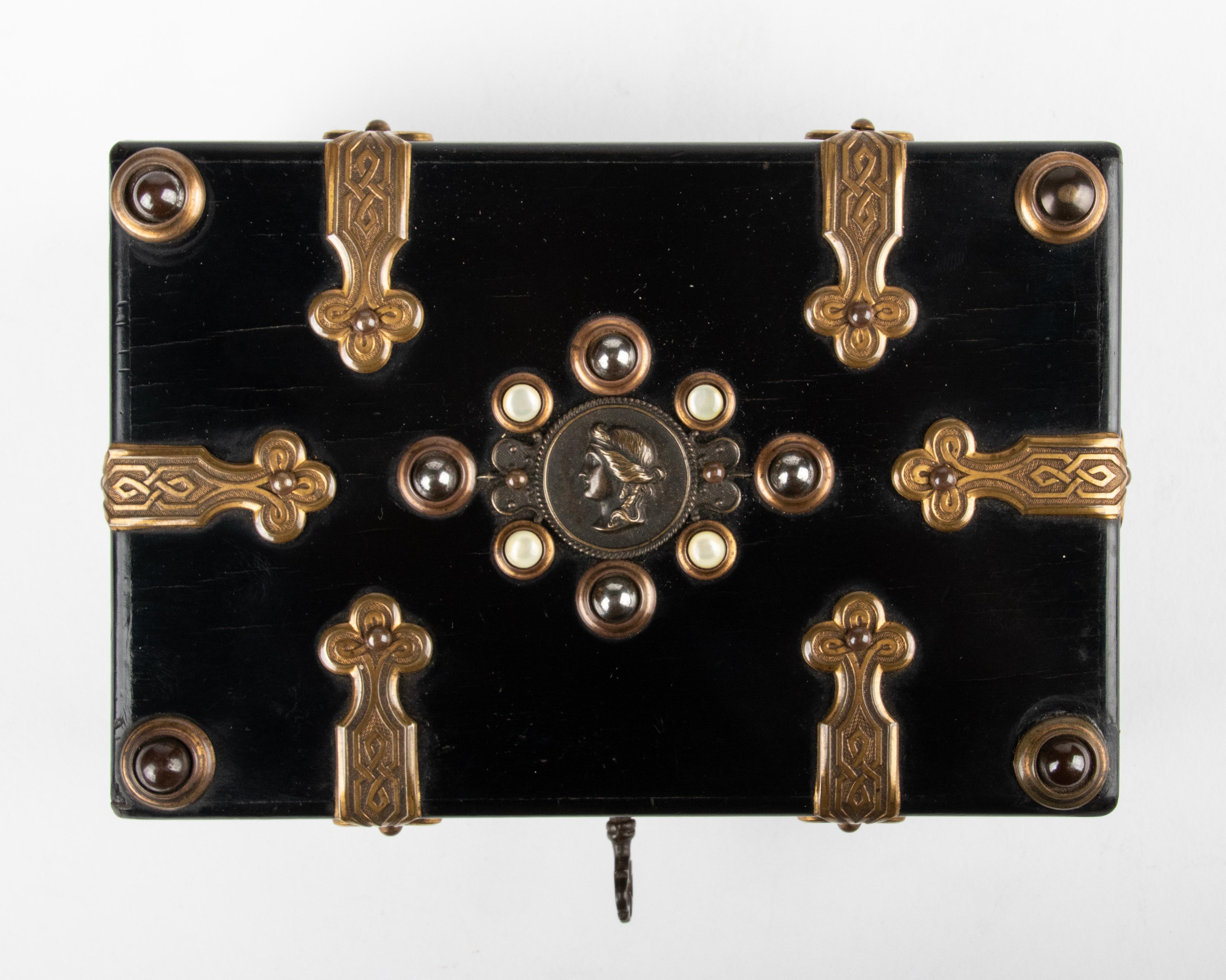 Hand-Crafted 19th Century Napoleon III Decorative Box inlaid with Stones and Bronze Mounts