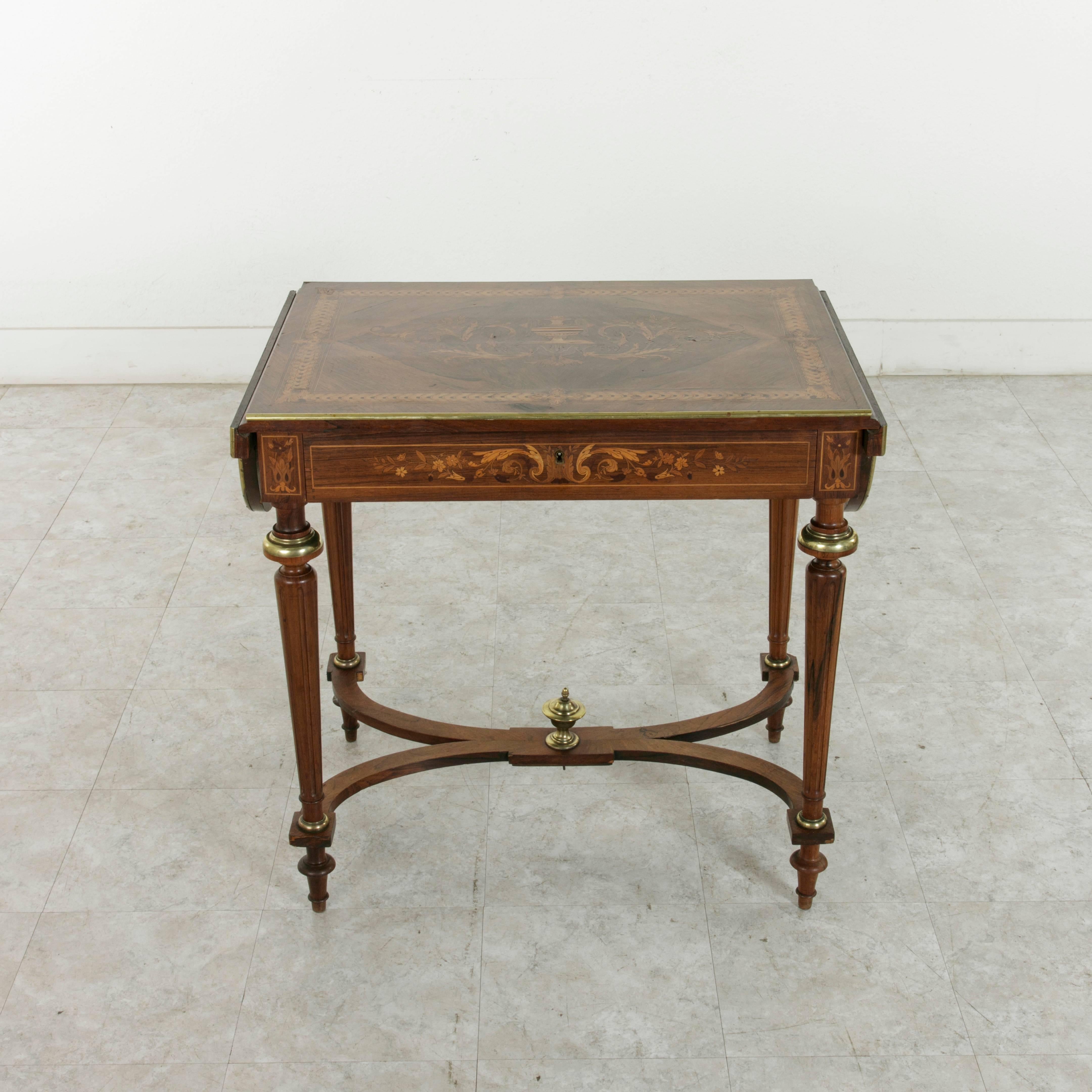 19th Century Napoleon III Drop Leaf Marquetry Table with Exotic Woods and Bronze 7