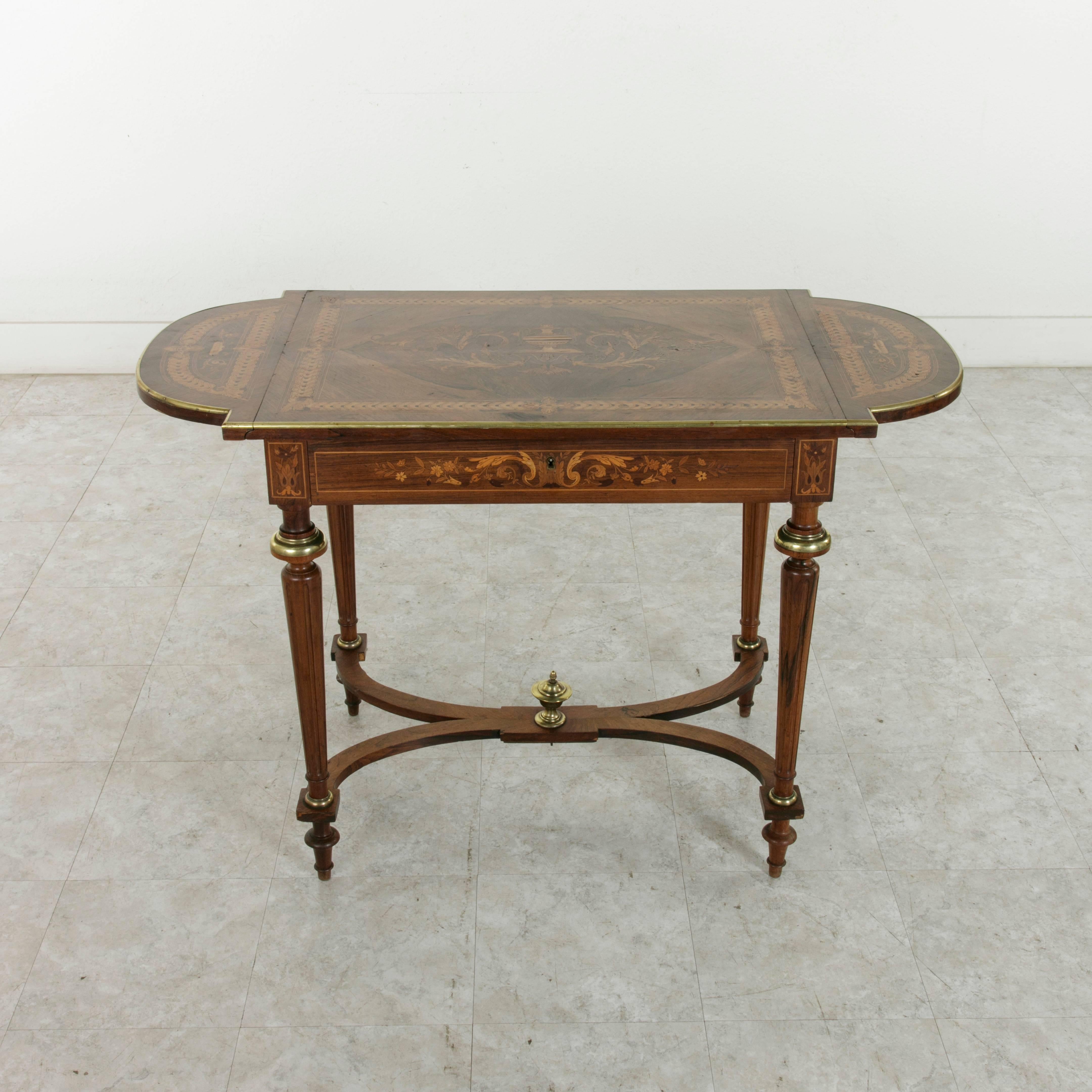 19th Century Napoleon III Drop Leaf Marquetry Table with Exotic Woods and Bronze 1