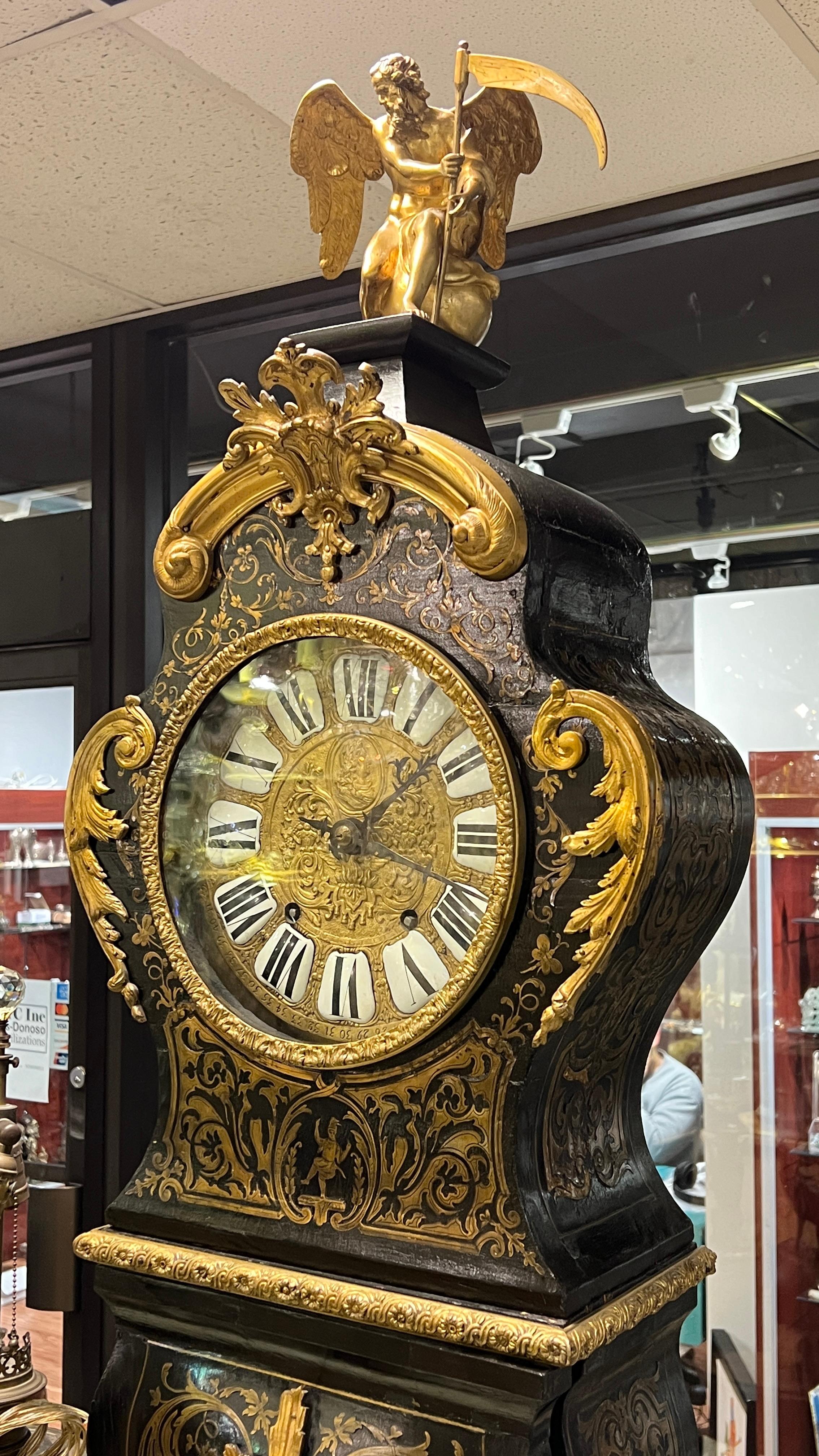 French 19th Century Napoleon III Ebonized Boulle Style Longcase Clock