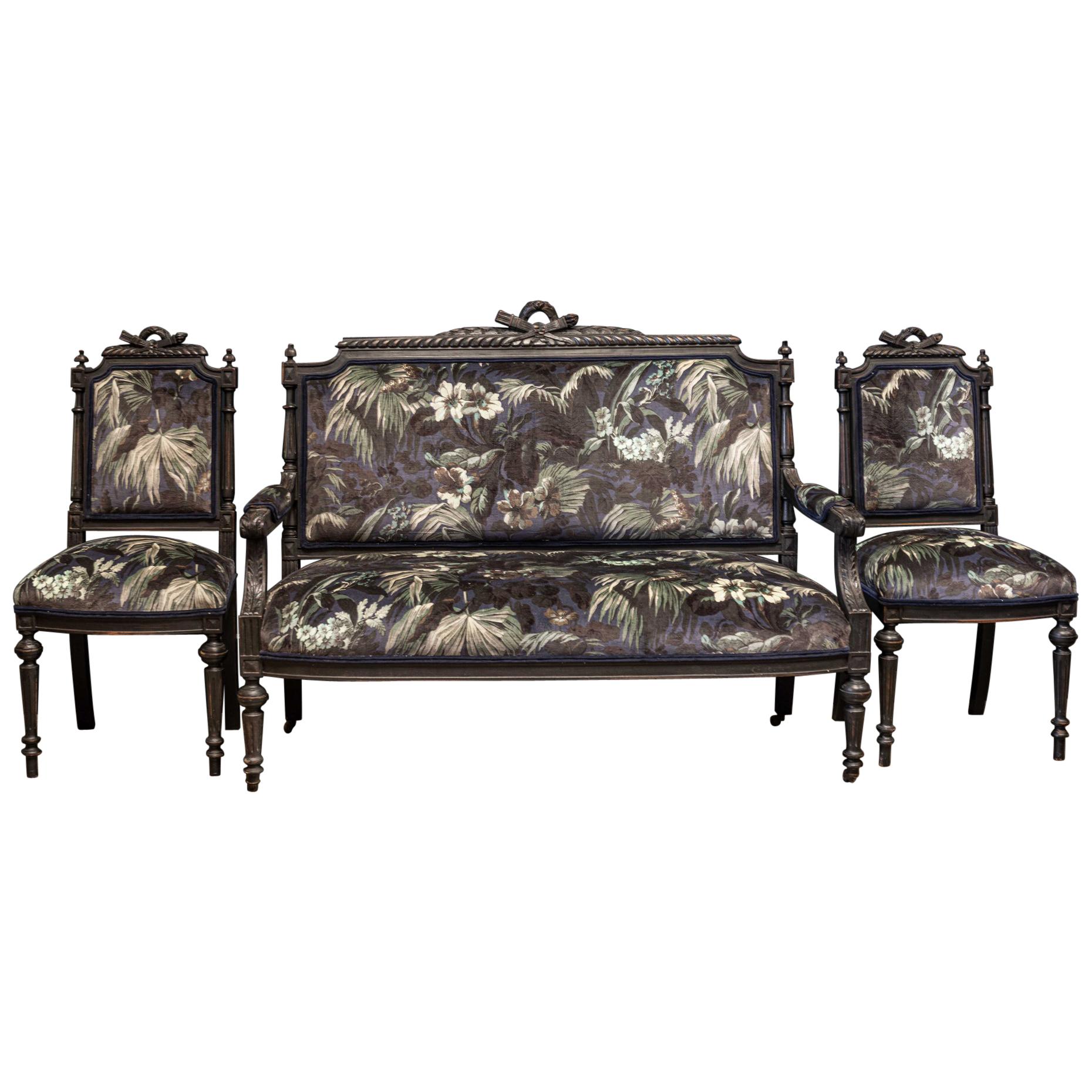 19th Century Napoleon III Ebonized Salon Suite Reupholstered  For Sale