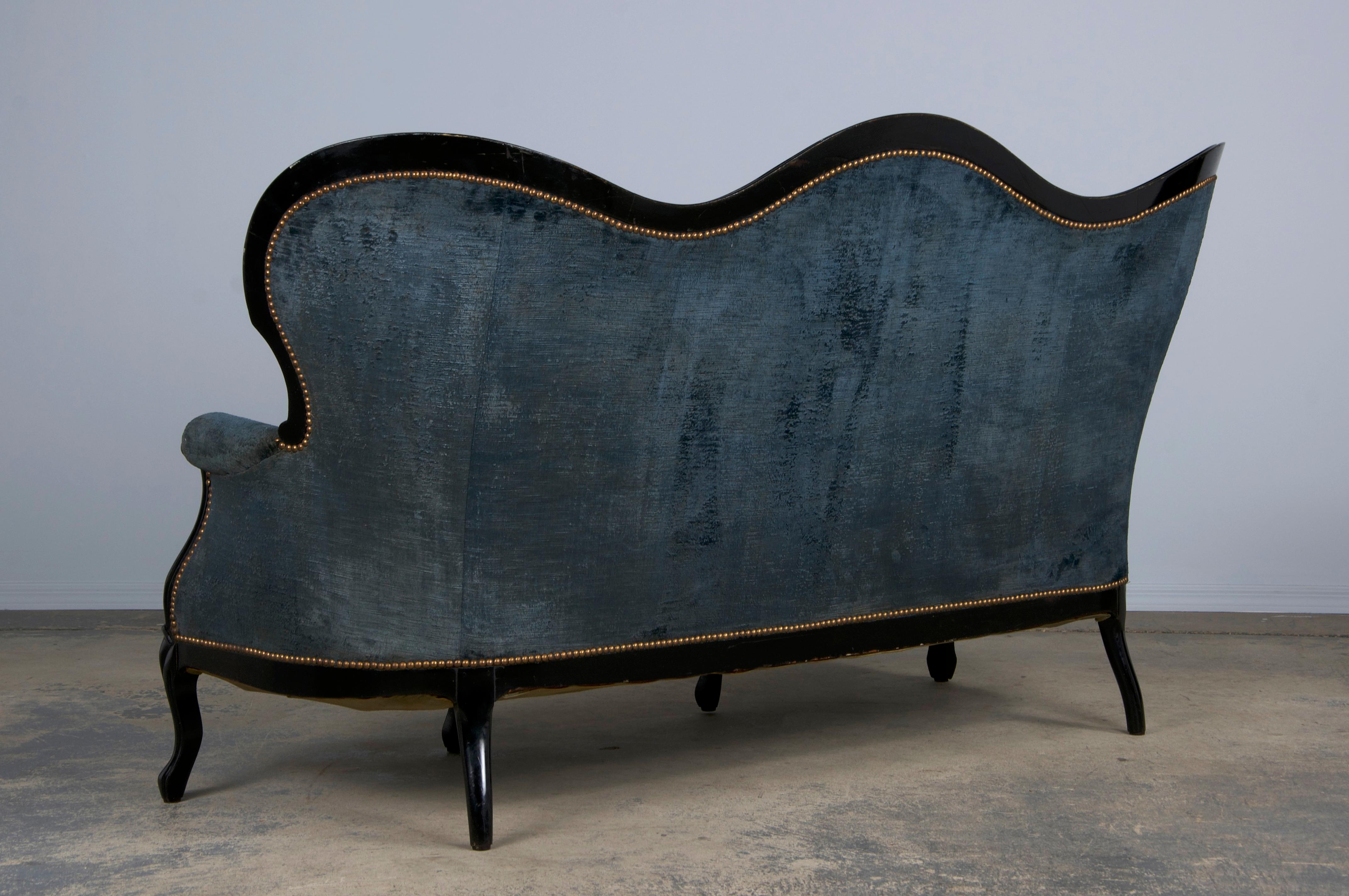 Divano ebanizzato Napoleone III del XIX secolo con velluto blu in vendita 10